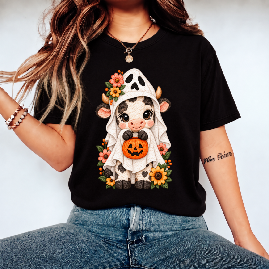 Cute Halloween Cow Ghost with Pumpkin Floral Embroidery Design