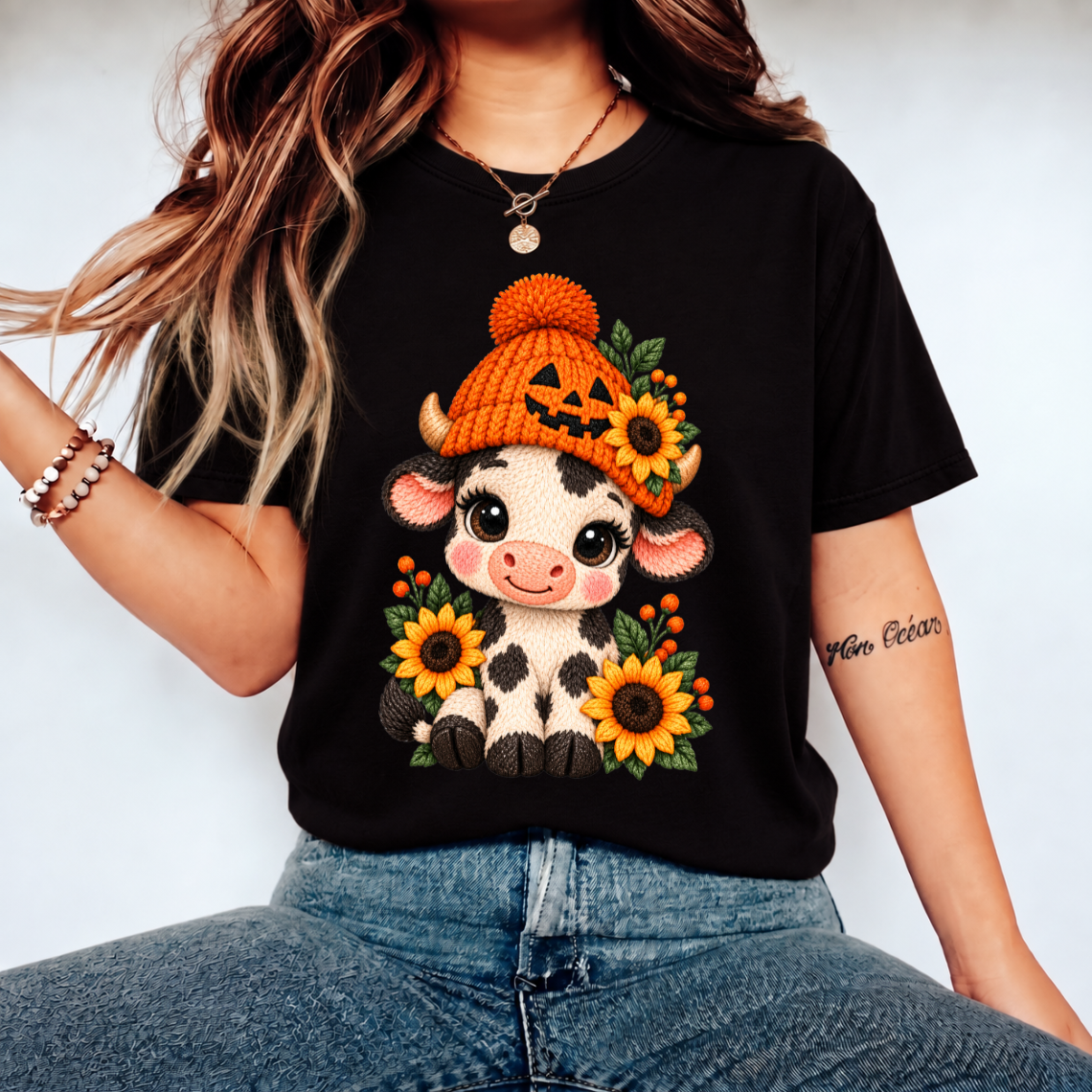 Cute Halloween Cow with Pumpkin Hat and Sunflowers Embroidery Design