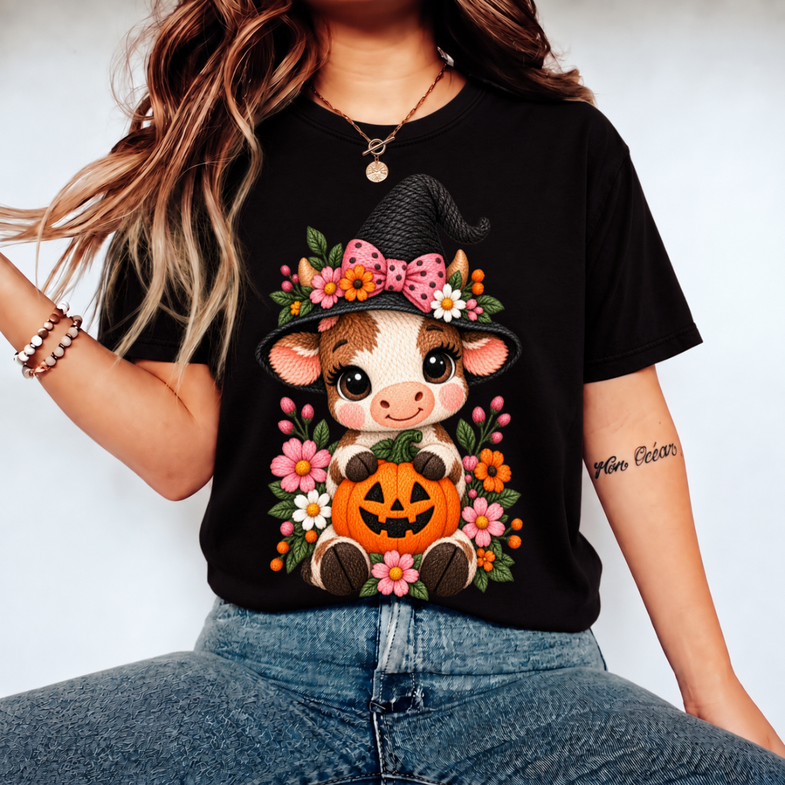 Cute Fall Cow with Pumpkin Sunflowers and Autumn Floral Embroidery Design