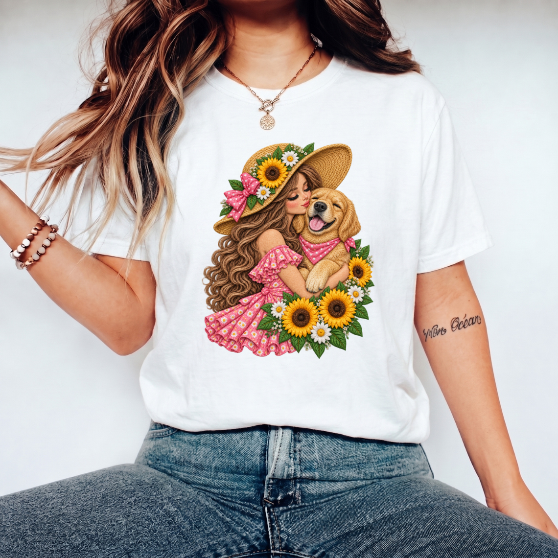 Girl Hugging Golden Retriever with Sunflowers and Floral Embroidery Design