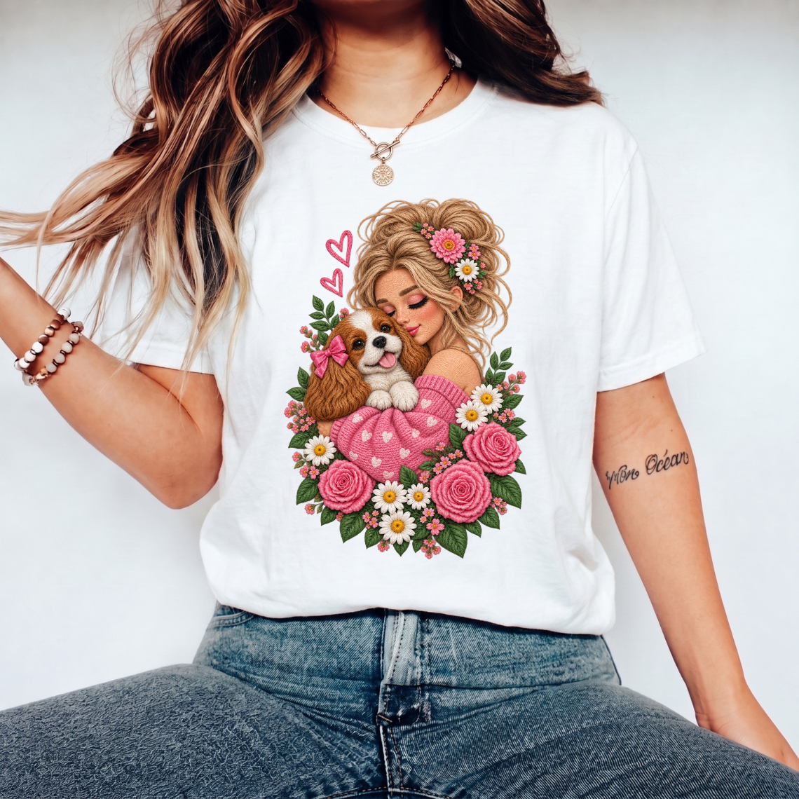 Girl Hugging Cavalier King Charles Spaniel with Pink Roses Embroidery Design