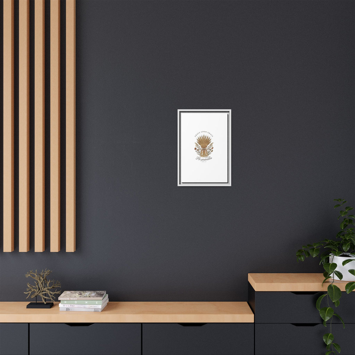 Framed Matte Canvas Wall Art — "He Provides" Wheat & Floral Religious Print