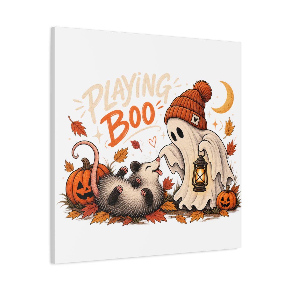 Playing Boo Canvas Wall Art — Cute Halloween Ghost & Possum Matte Stretched Print