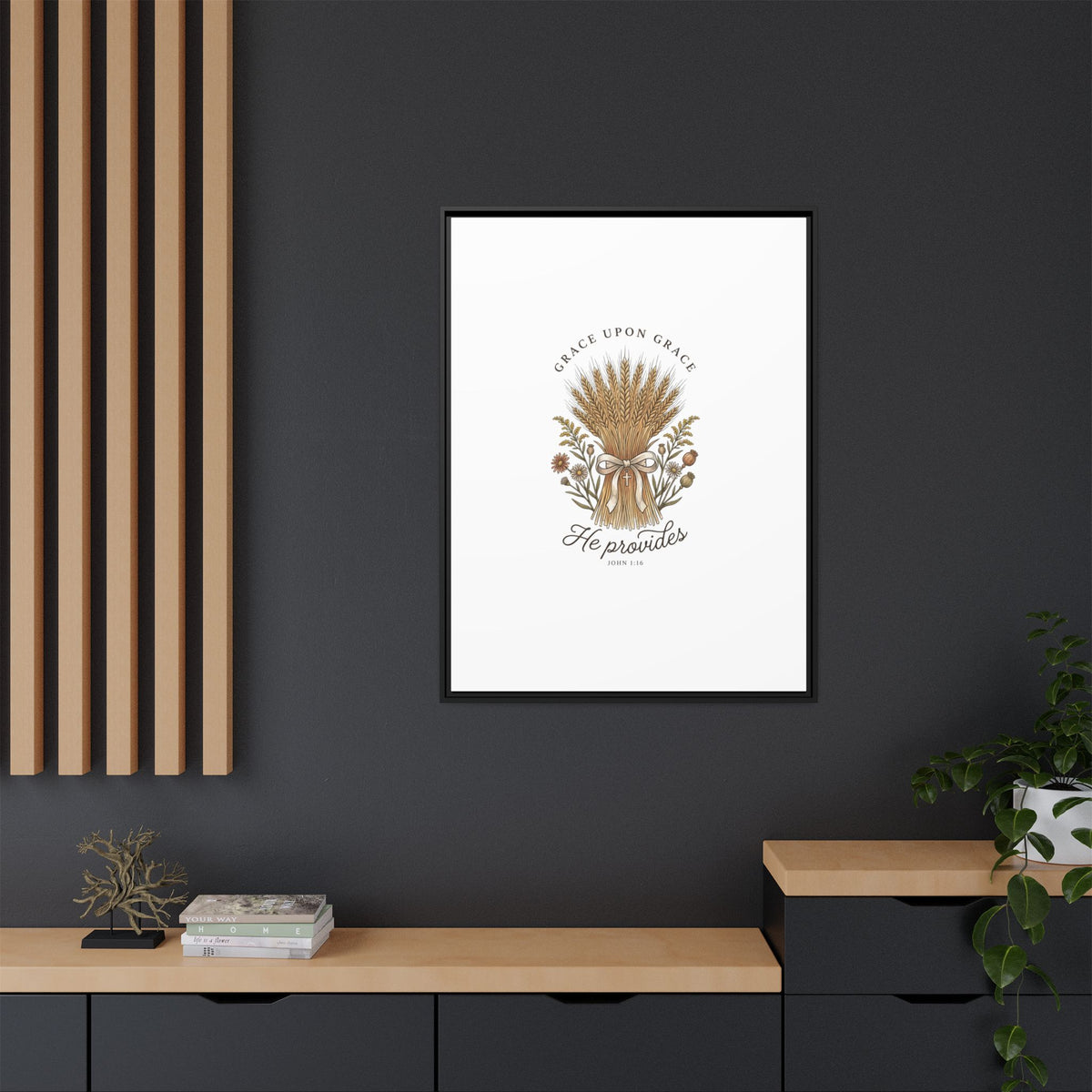 Framed Matte Canvas Wall Art — "He Provides" Wheat & Floral Religious Print