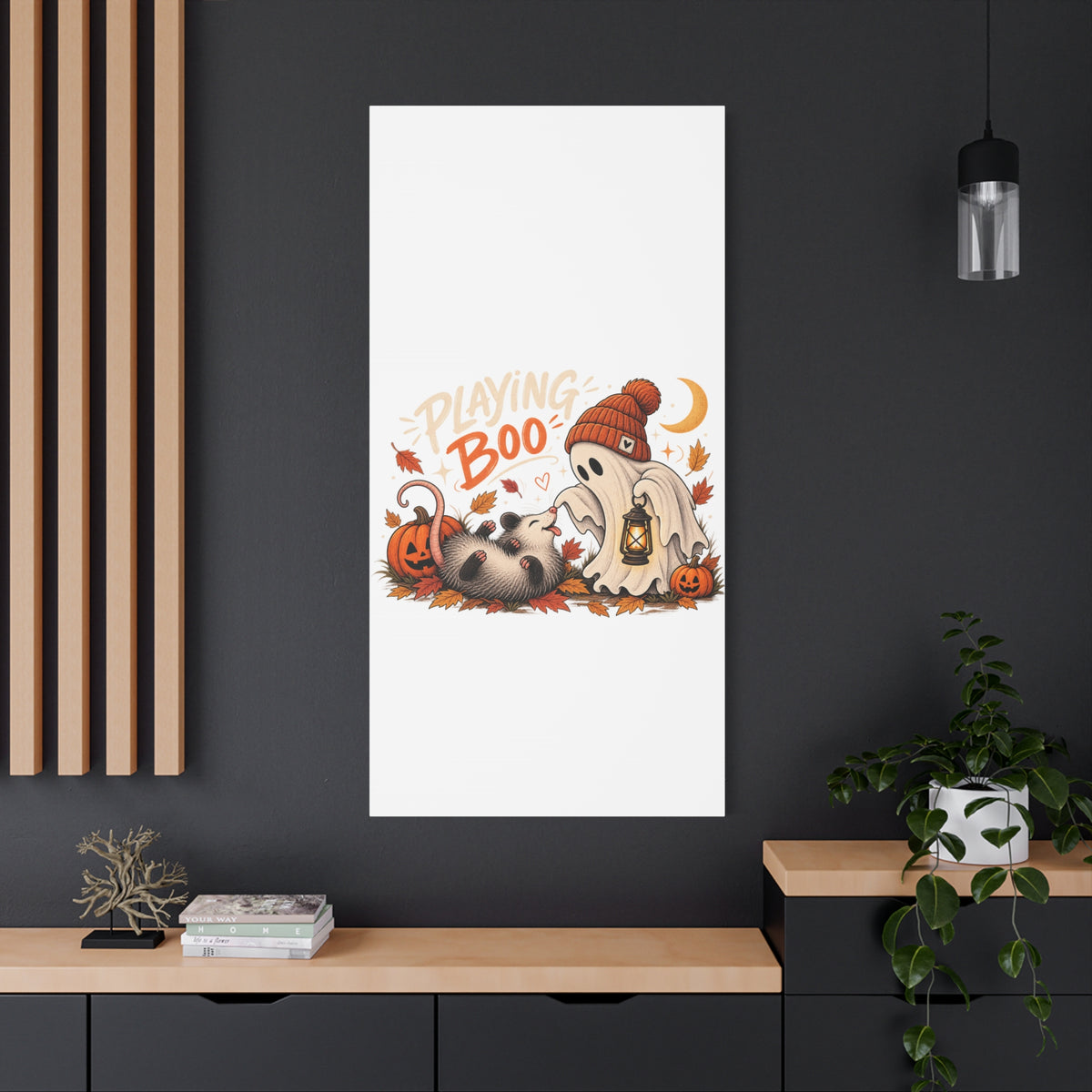 Playing Boo Canvas Wall Art — Cute Halloween Ghost & Possum Matte Stretched Print