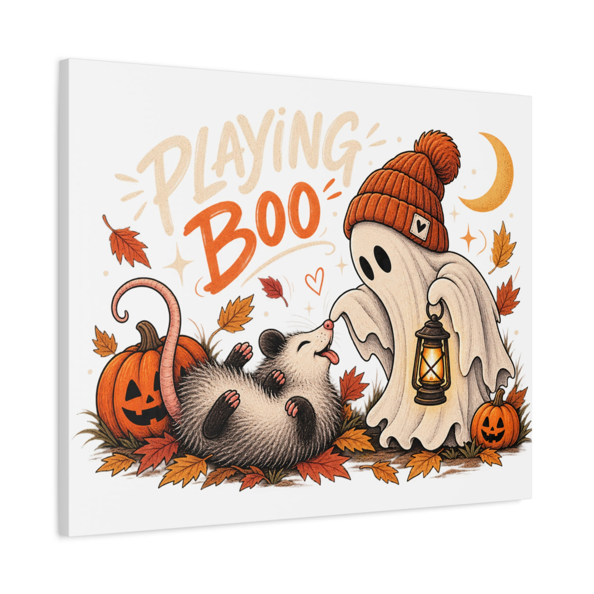 Playing Boo Canvas Wall Art — Cute Halloween Ghost & Possum Matte Stretched Print
