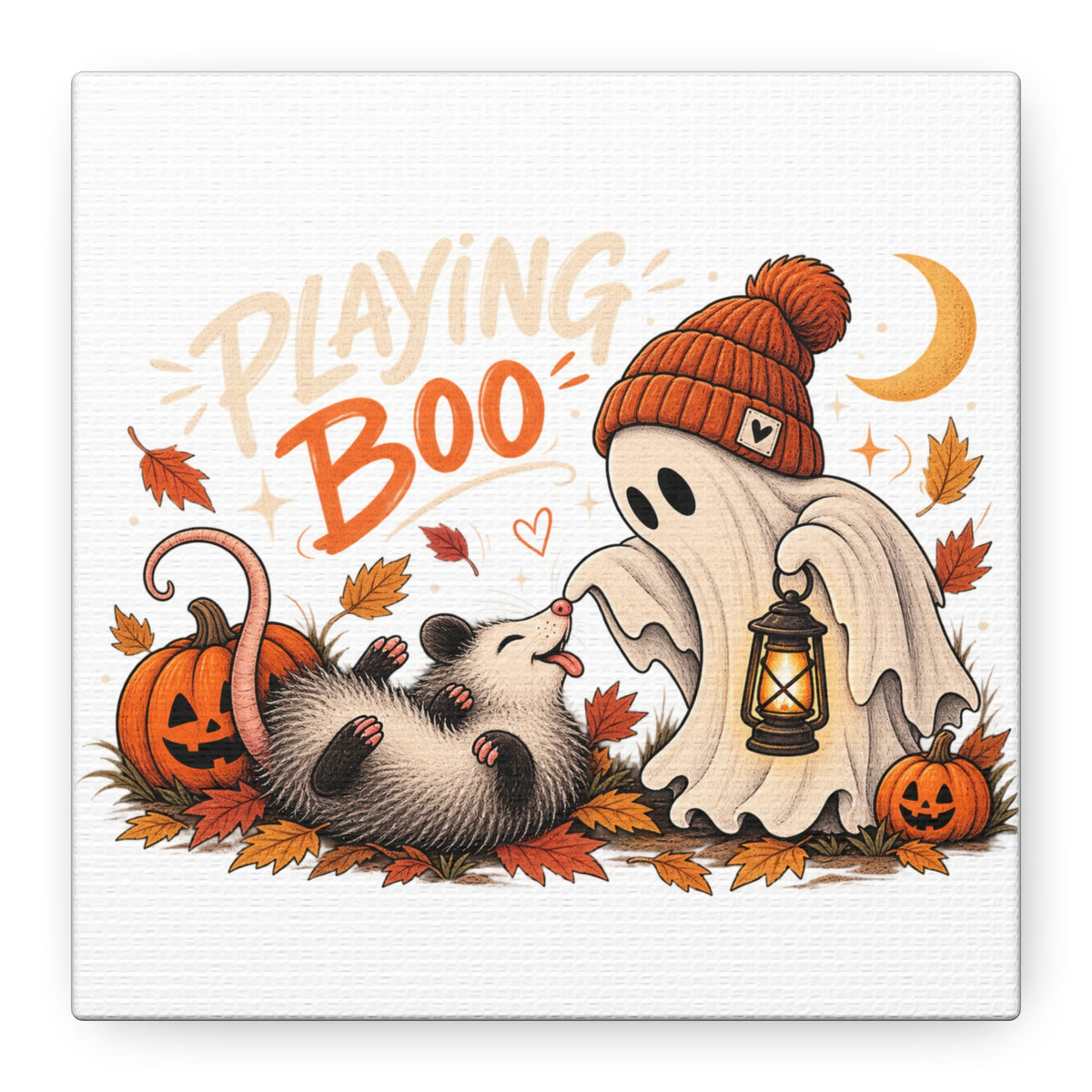 Playing Boo Canvas Wall Art — Cute Halloween Ghost & Possum Matte Stretched Print