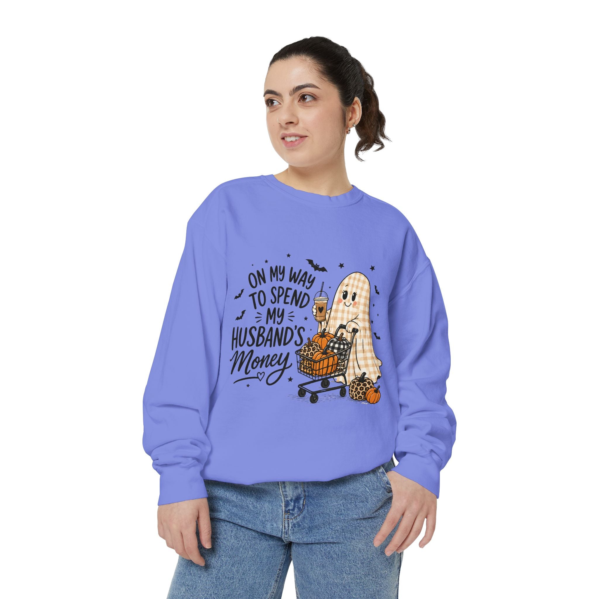 Halloween Ghost Sweatshirt — “On My Way to Spend My Husband’s Money” Cozy Pullover