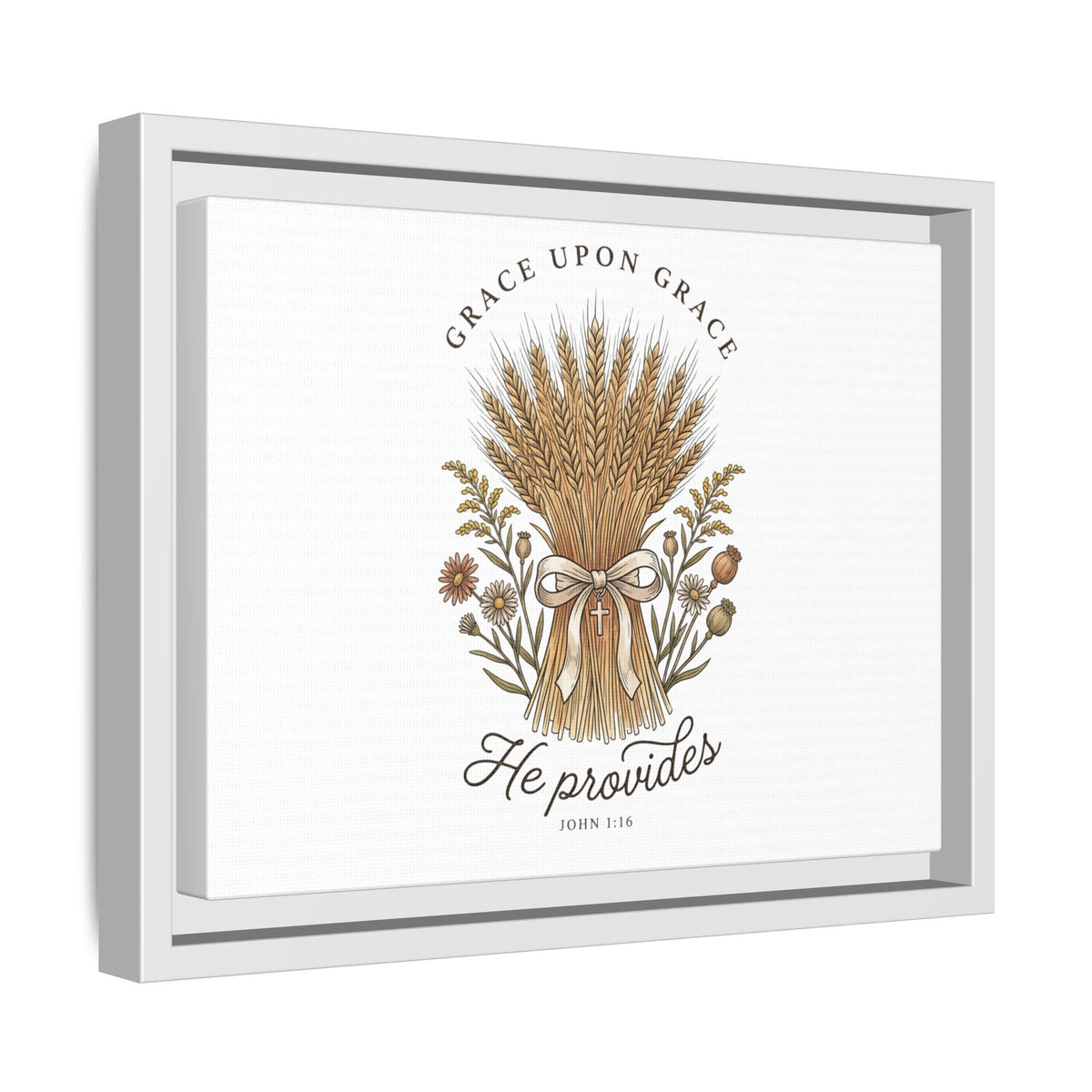 Framed Matte Canvas Wall Art — "He Provides" Wheat & Floral Religious Print