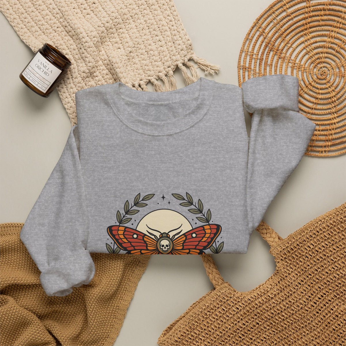 Moth & Roses Crewneck Sweatshirt | Traditional Tattoo-Inspired, Vintage Flash