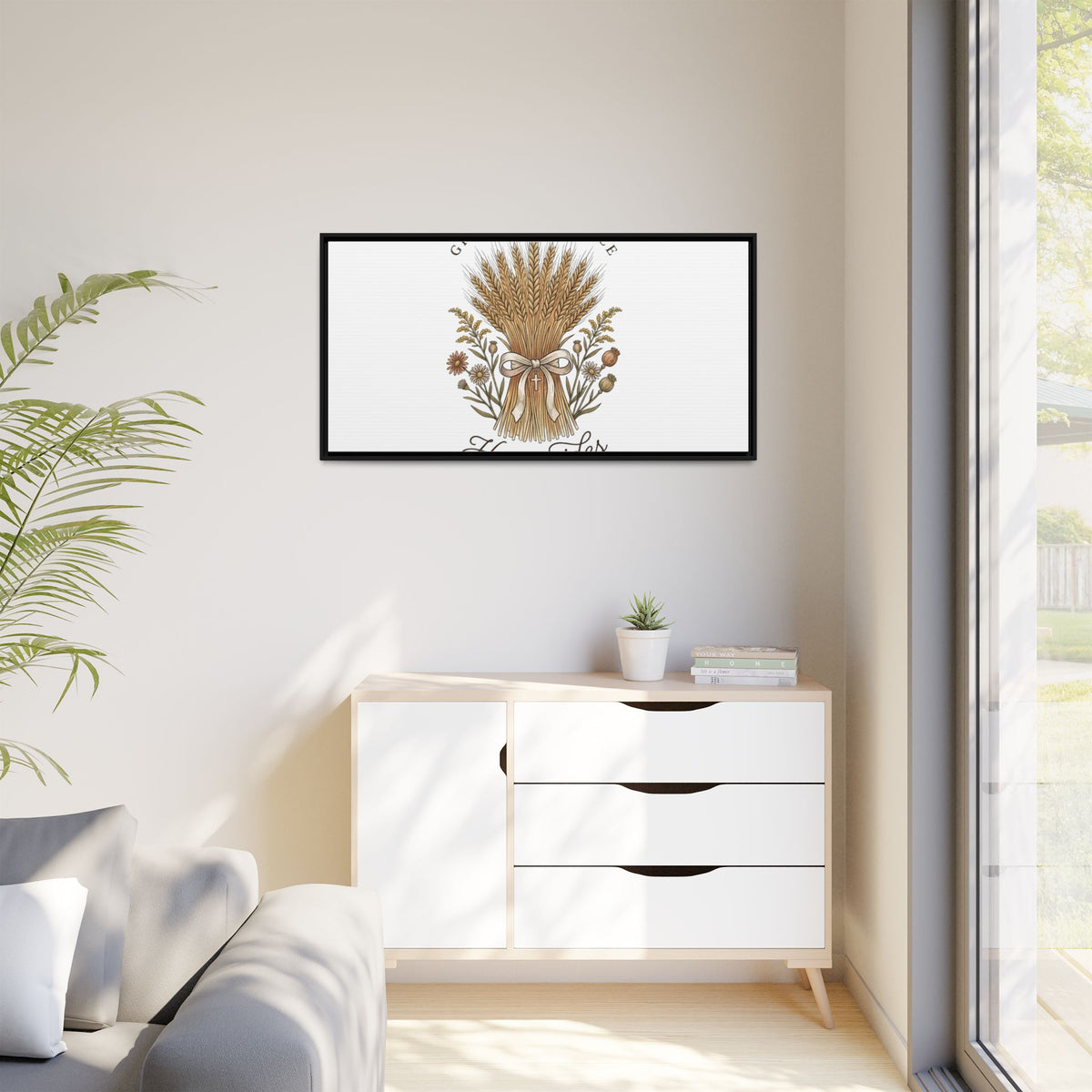 Framed Matte Canvas Wall Art — "He Provides" Wheat & Floral Religious Print
