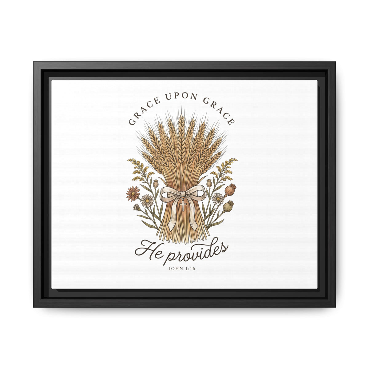 Framed Matte Canvas Wall Art — "He Provides" Wheat & Floral Religious Print