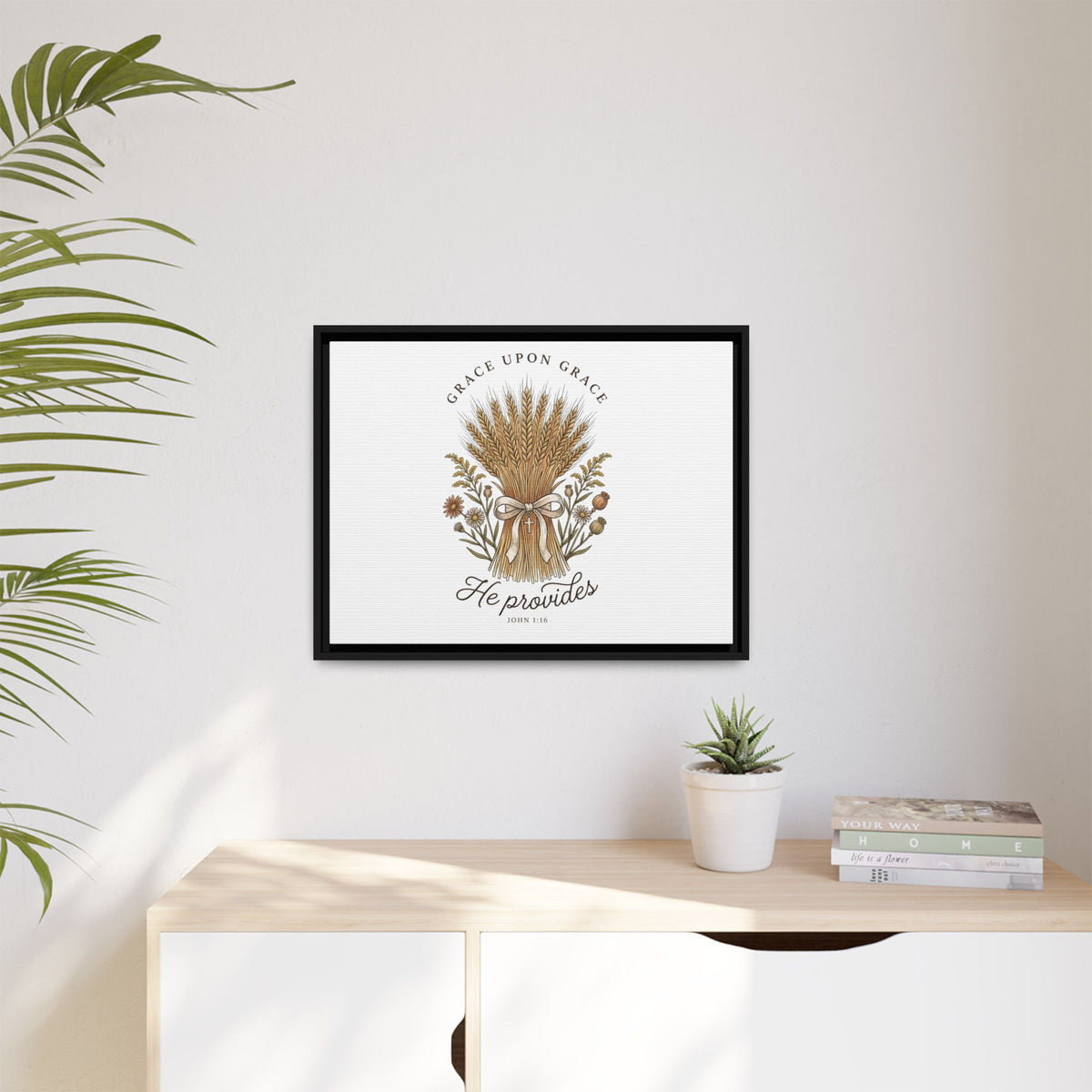 Framed Matte Canvas Wall Art — "He Provides" Wheat & Floral Religious Print