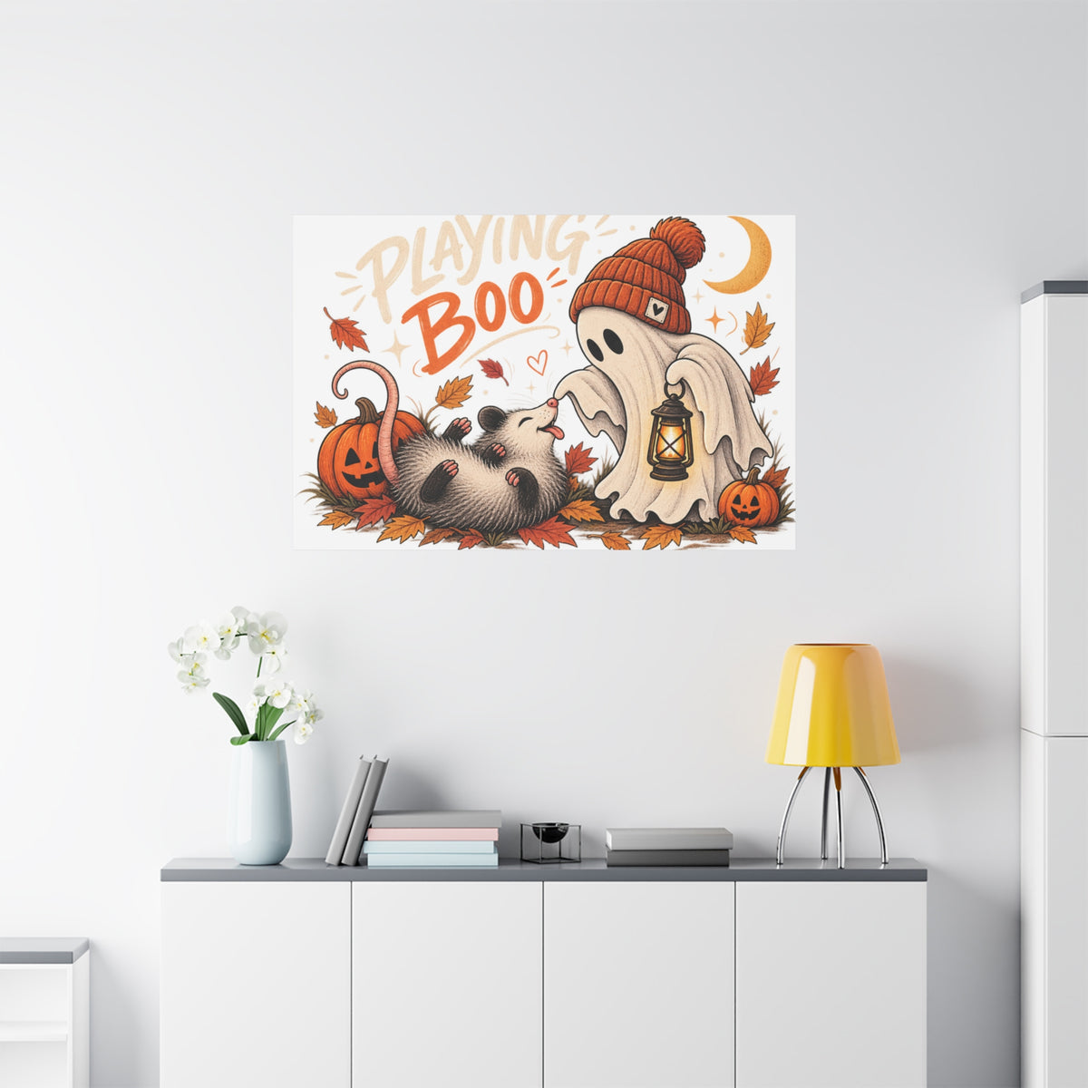 Playing Boo Canvas Wall Art — Cute Halloween Ghost & Possum Matte Stretched Print
