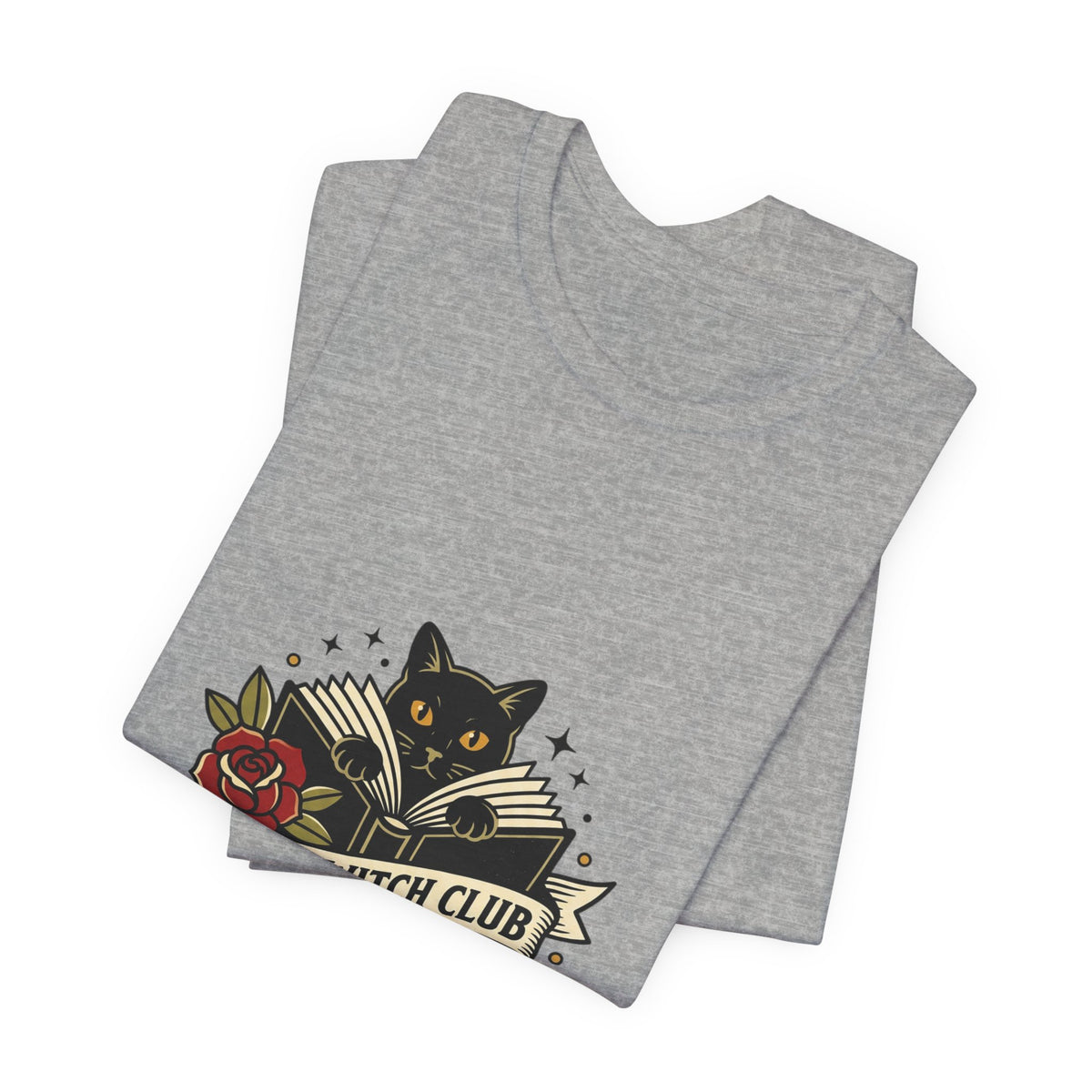 Book Witch Club tee | Traditional tattoo flash cat, roses, banner