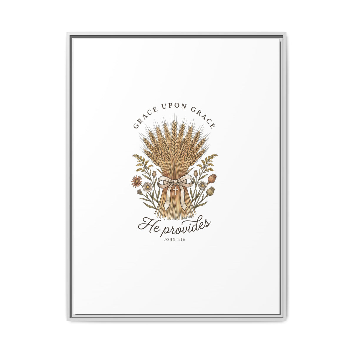Framed Matte Canvas Wall Art — "He Provides" Wheat & Floral Religious Print