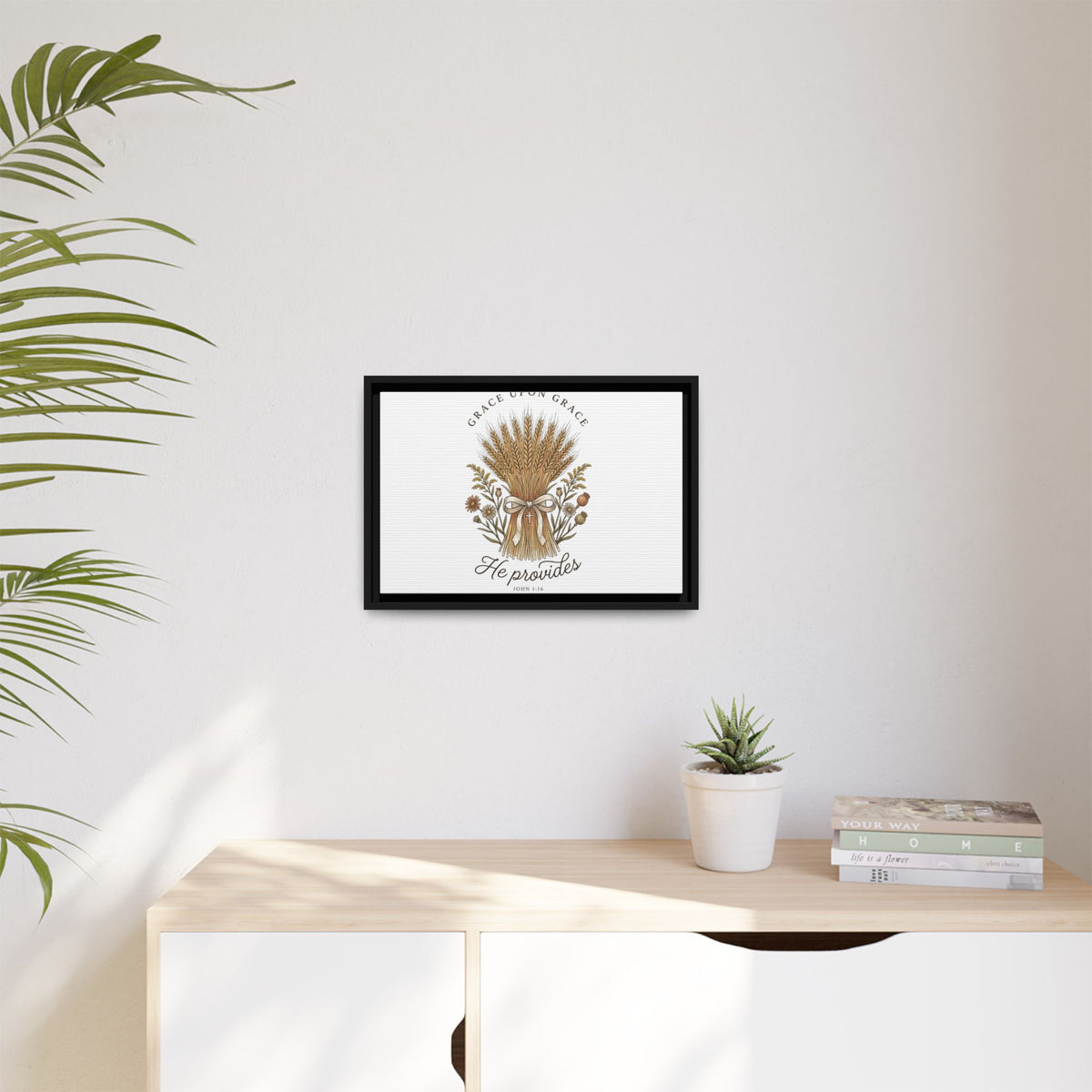 Framed Matte Canvas Wall Art — "He Provides" Wheat & Floral Religious Print