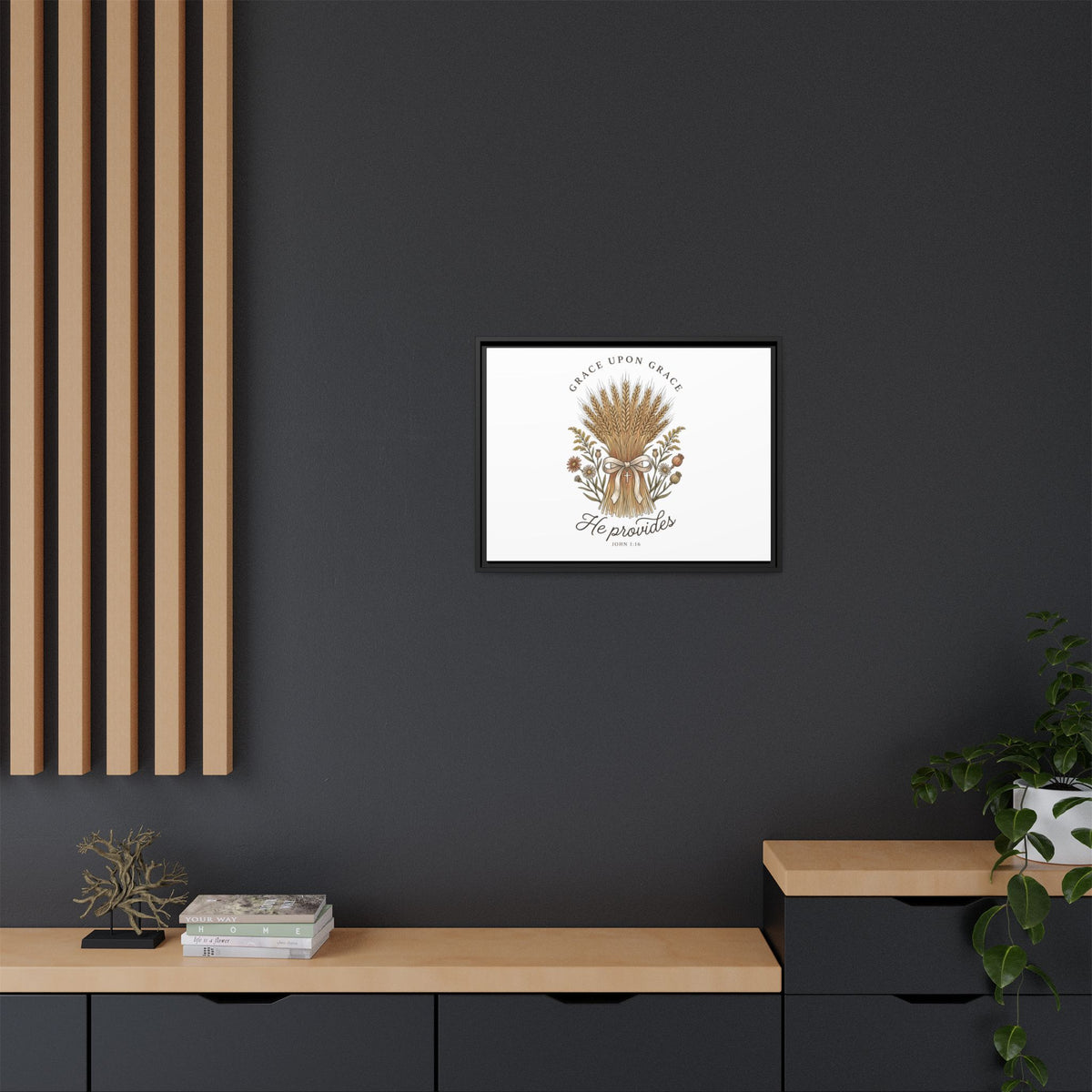Framed Matte Canvas Wall Art — "He Provides" Wheat & Floral Religious Print
