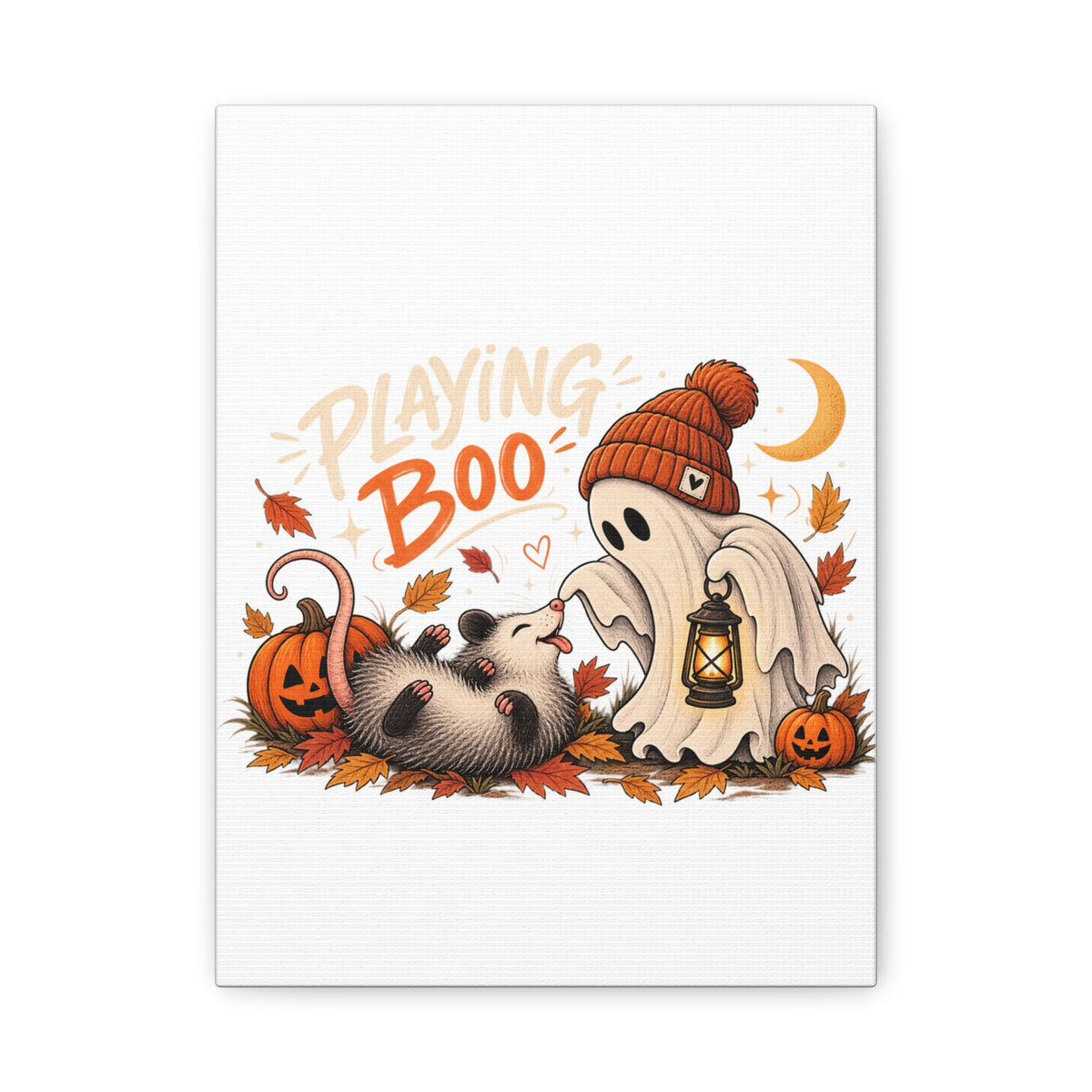 Playing Boo Canvas Wall Art — Cute Halloween Ghost & Possum Matte Stretched Print