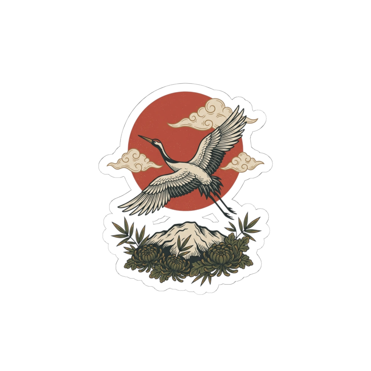 Flying Crane with Sun Sticker | Traditional Tattoo-Inspired, Vintage Flash