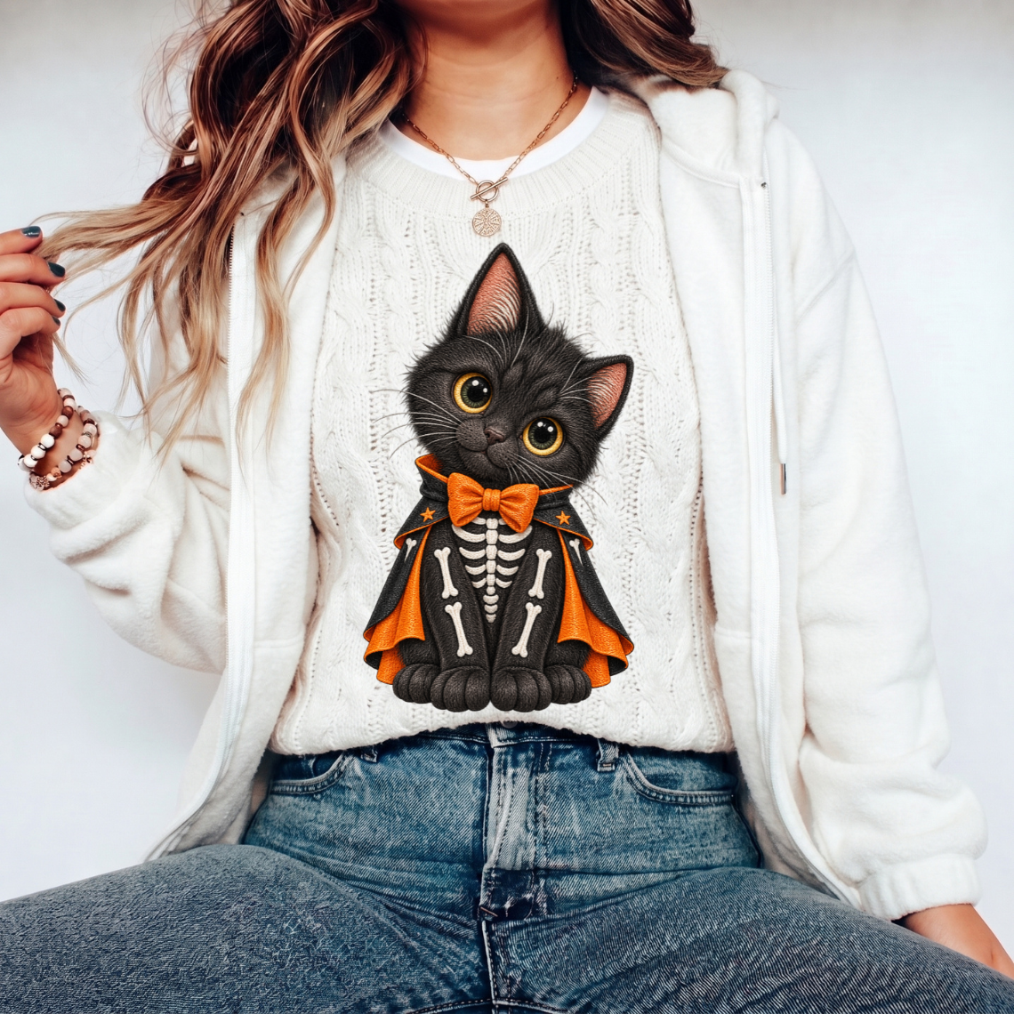 Black Witch Cat with Pumpkin Bow Halloween Embroidery Design