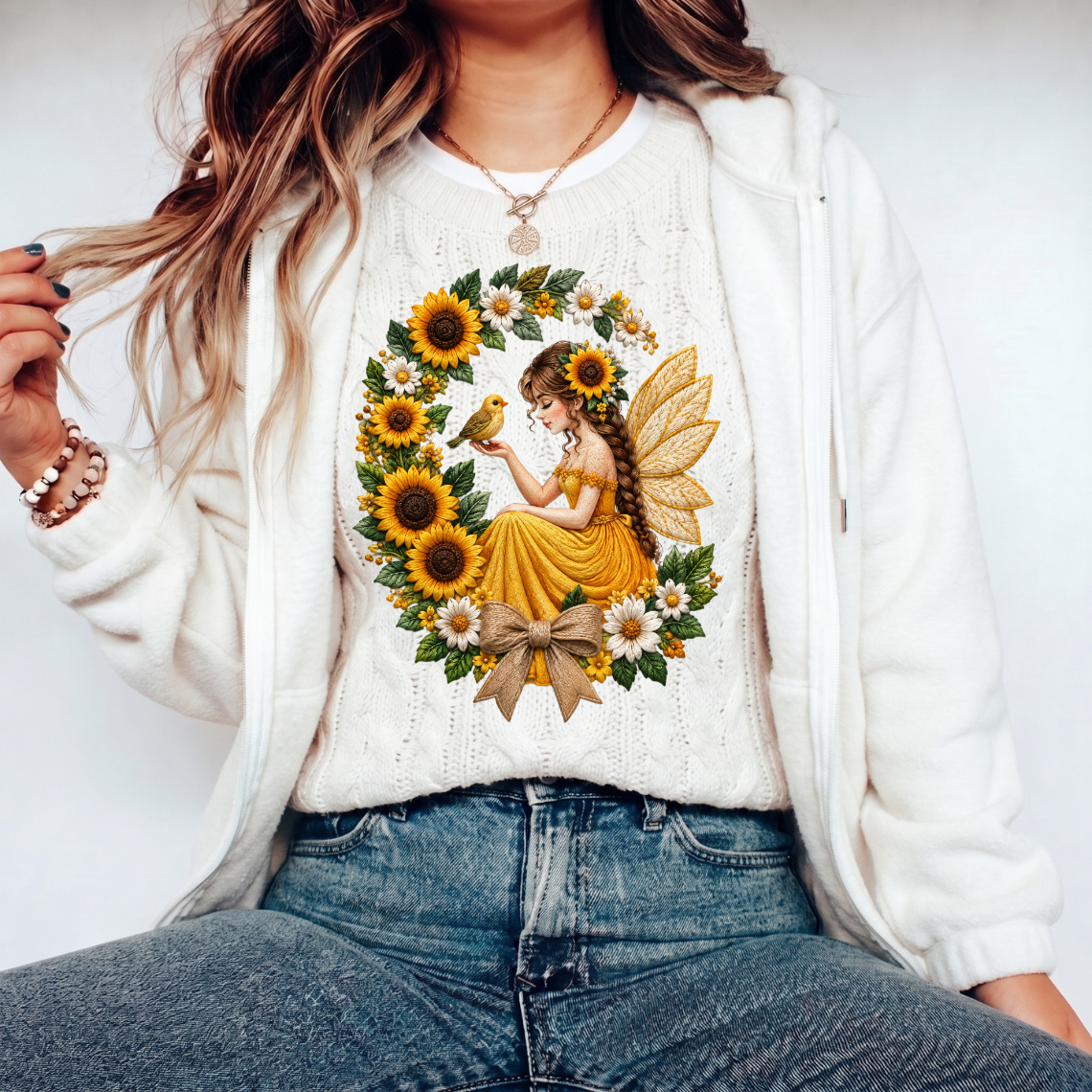 Sunflower Fairy with Bird and Floral Wreath Embroidery Design