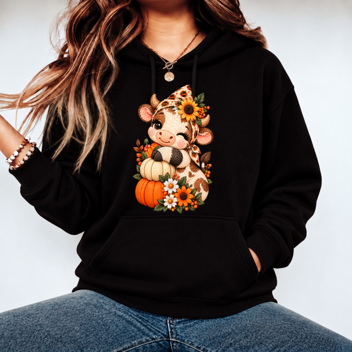 Cute Fall Cow with Pumpkins and Sunflower Floral Embroidery Design