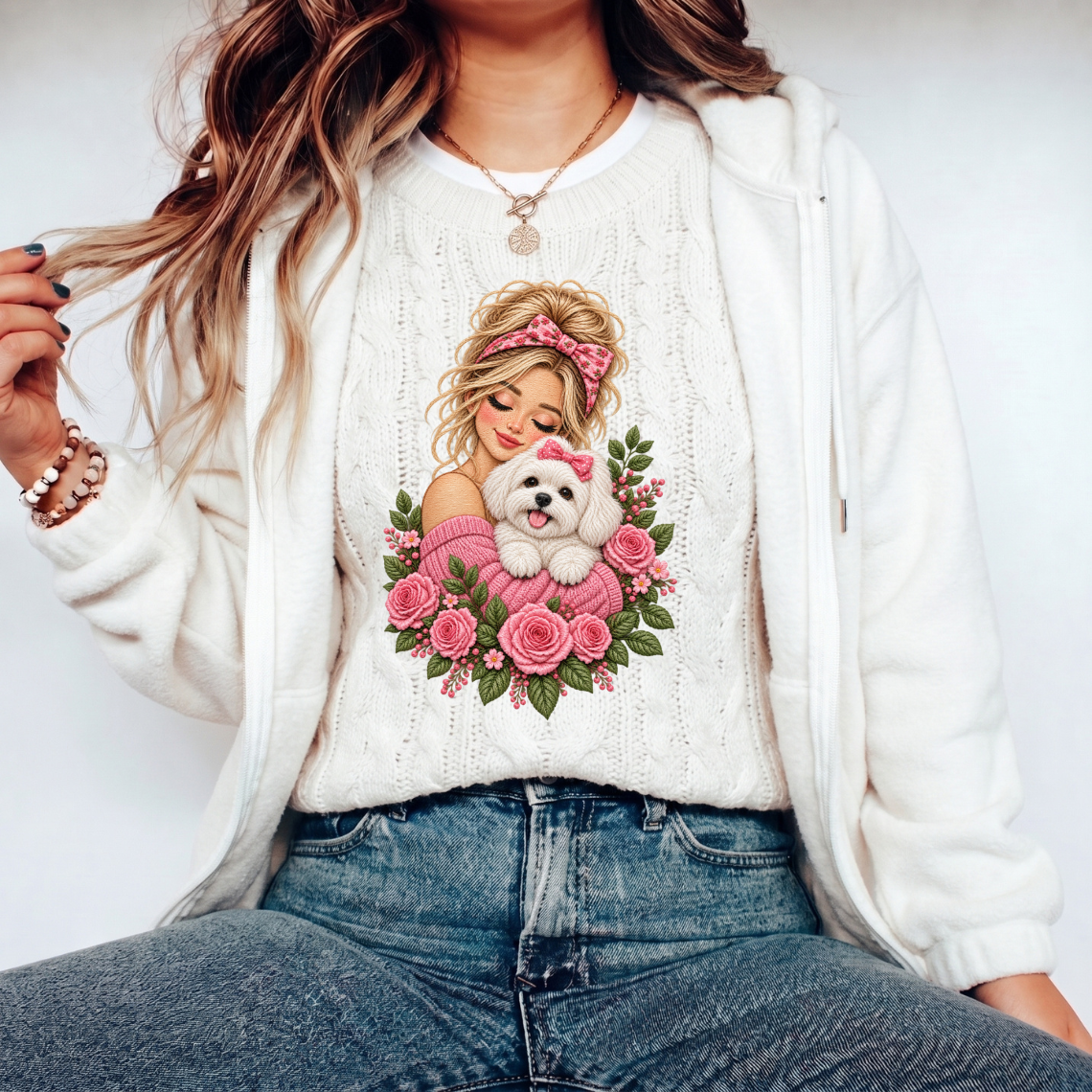 Girl Hugging Cute White Dog with Pink Roses Floral Embroidery Design