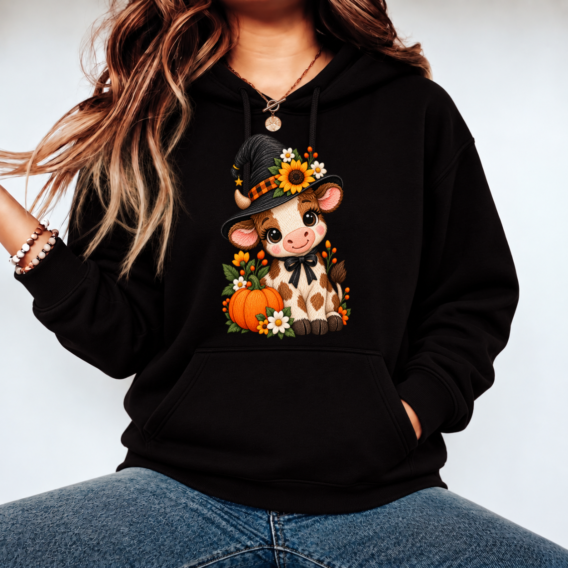 Cute Witch Cow with Sunflower and Pumpkin Halloween Embroidery Design