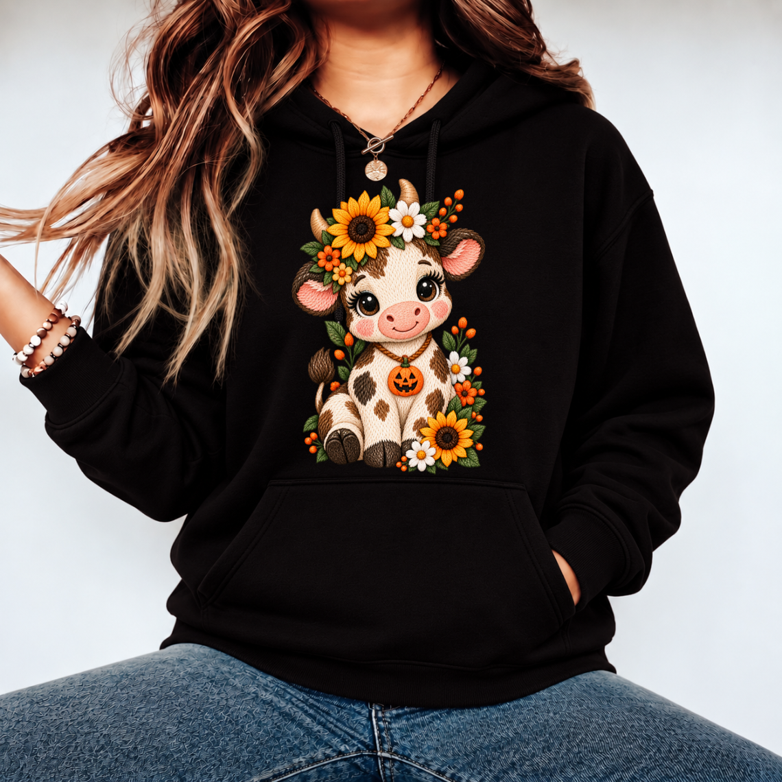 Cute Witch Cow with Pumpkin and Pink Floral Halloween Embroidery Design