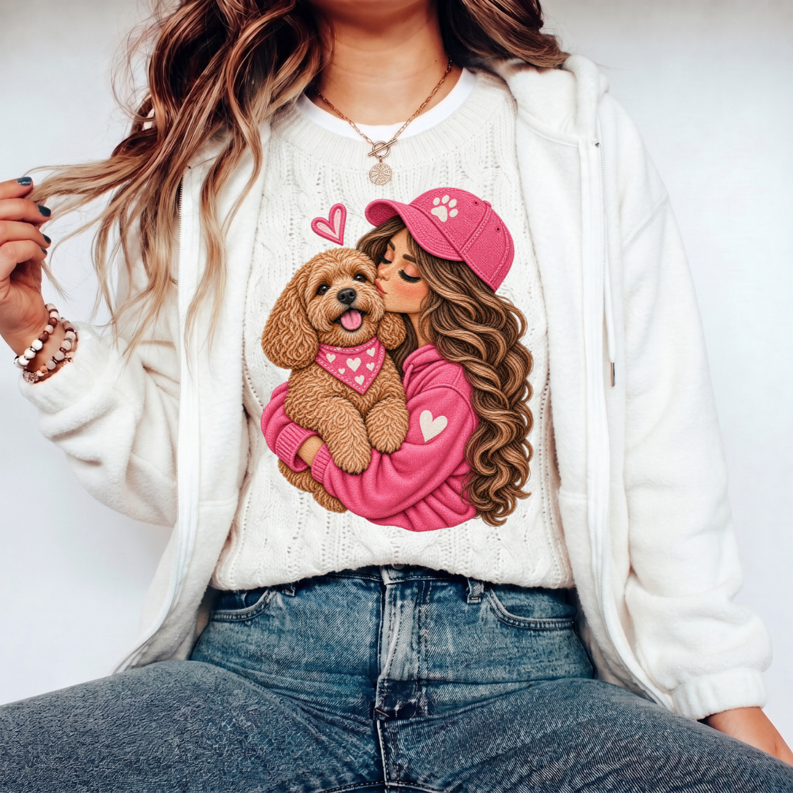 Girl Hugging Fluffy Brown Dog with Pink Hearts Embroidery Design
