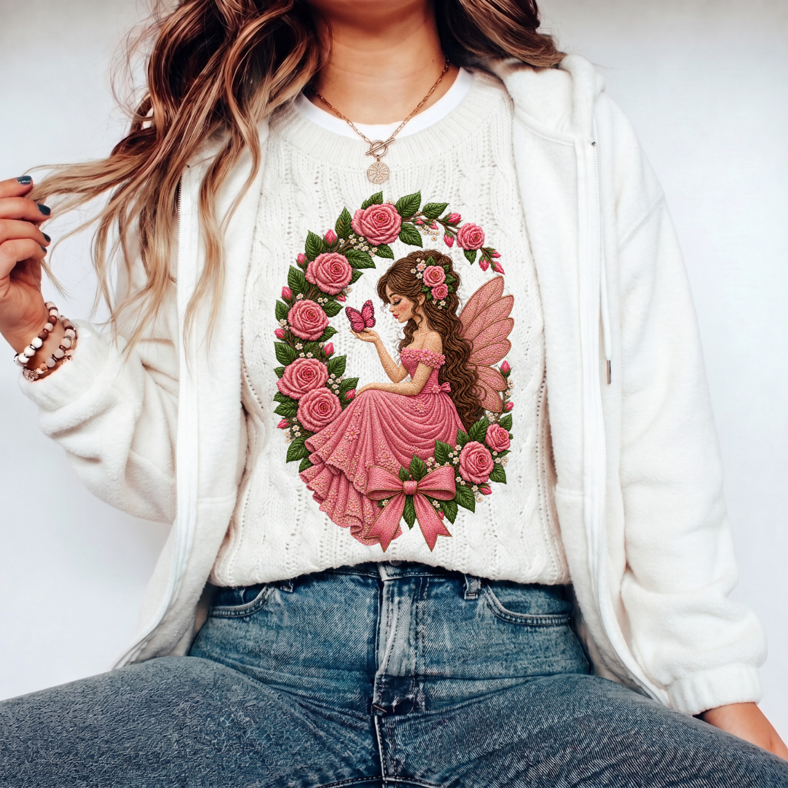 Pink Rose Fairy with Butterfly and Floral Wreath Embroidery Design