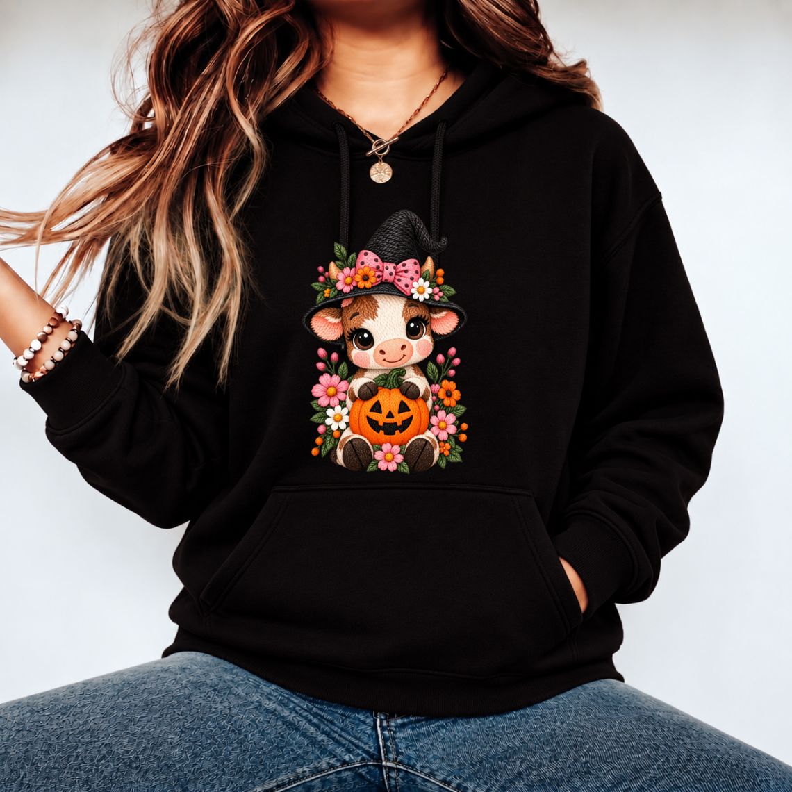 Cute Fall Cow with Pumpkin Sunflowers and Autumn Floral Embroidery Design