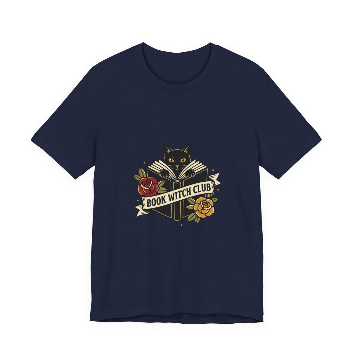 Book Witch Club tee | Traditional tattoo flash cat, roses, banner