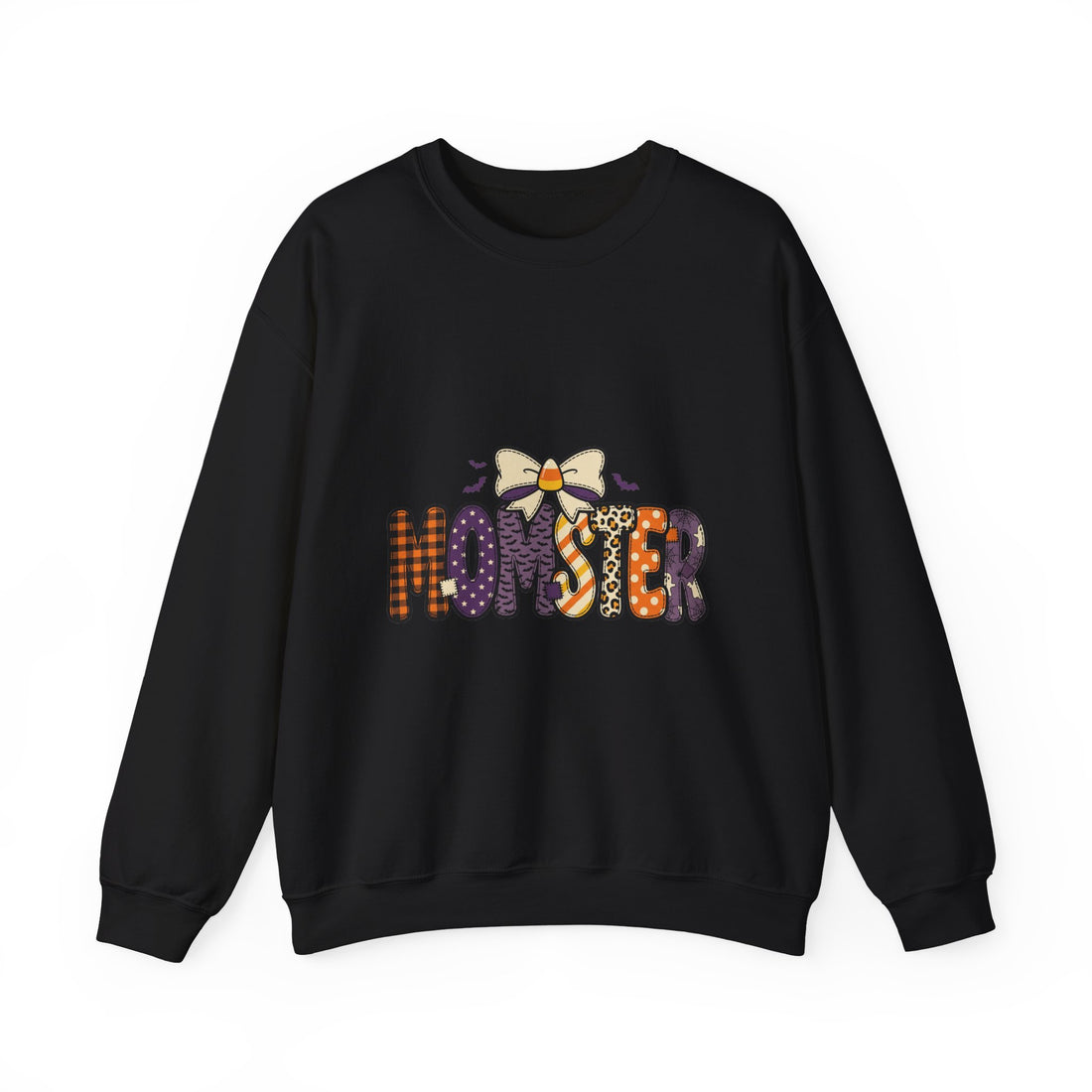 Momster Halloween Sweatshirt | Cute Spooky Momster Graphic, Purple Orange Bat Motif
