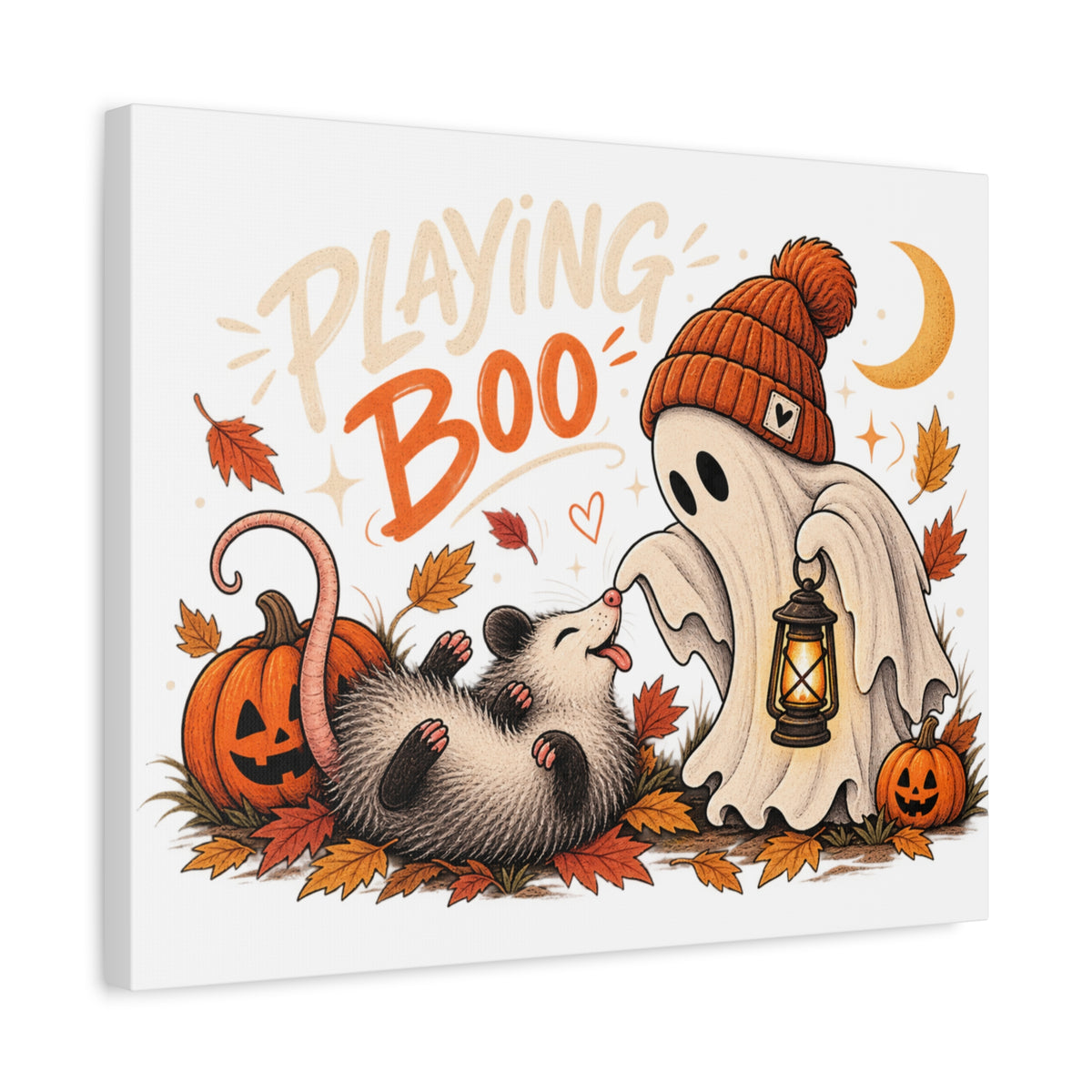 Playing Boo Canvas Wall Art — Cute Halloween Ghost & Possum Matte Stretched Print