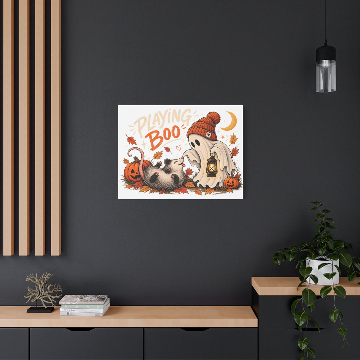 Playing Boo Canvas Wall Art — Cute Halloween Ghost & Possum Matte Stretched Print