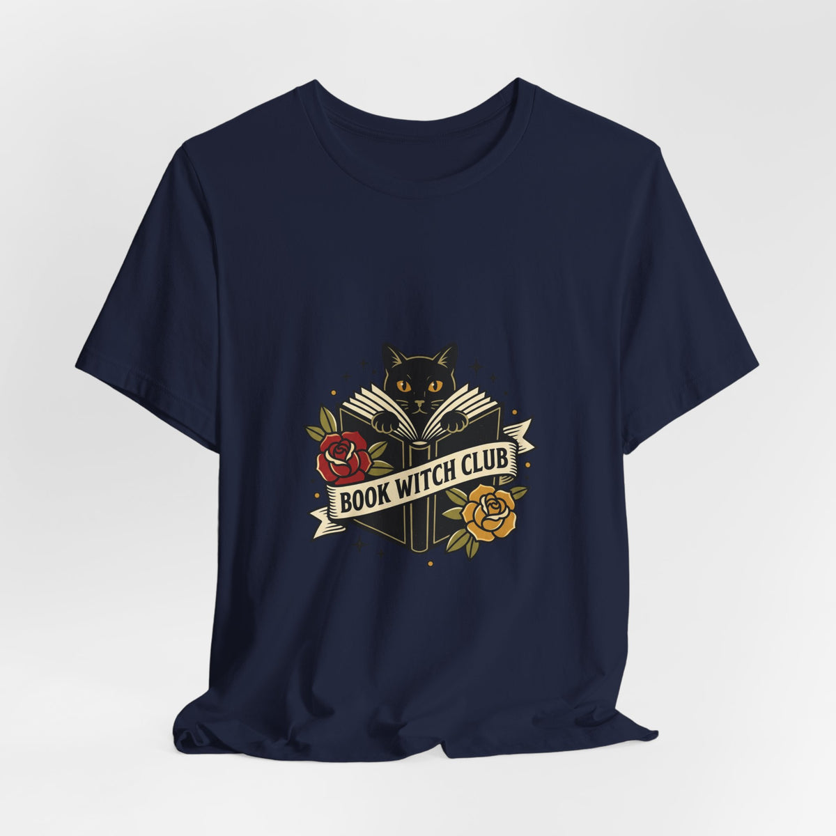 Book Witch Club tee | Traditional tattoo flash cat, roses, banner