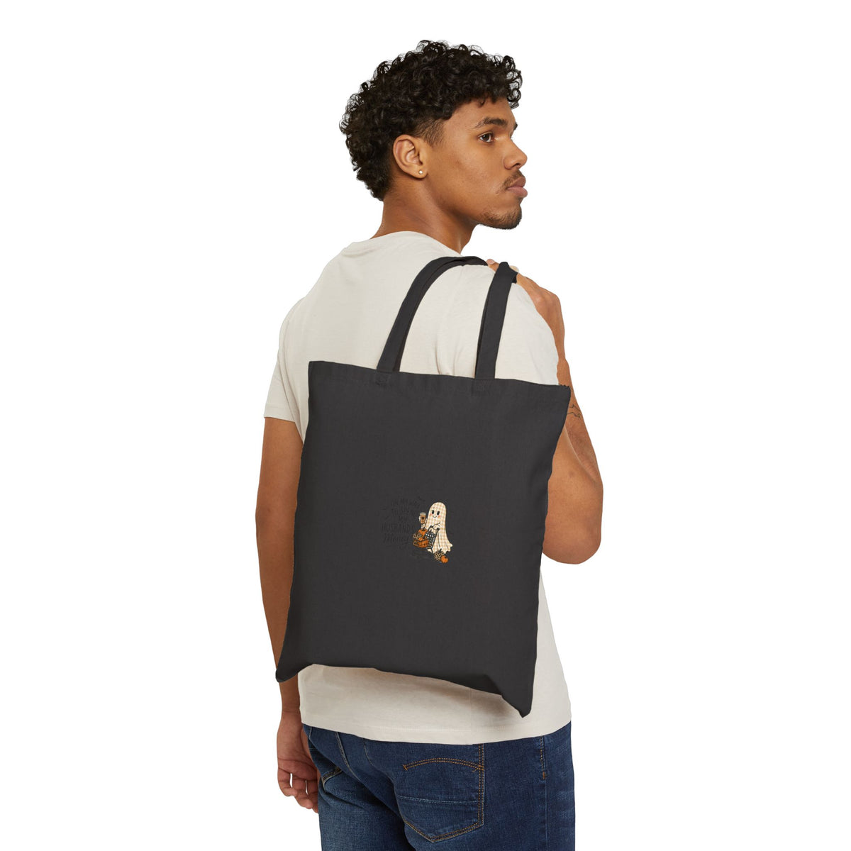 Tote Bag — Cute Dog & Coffee Illustration "A Few Sips to Start My Happy"