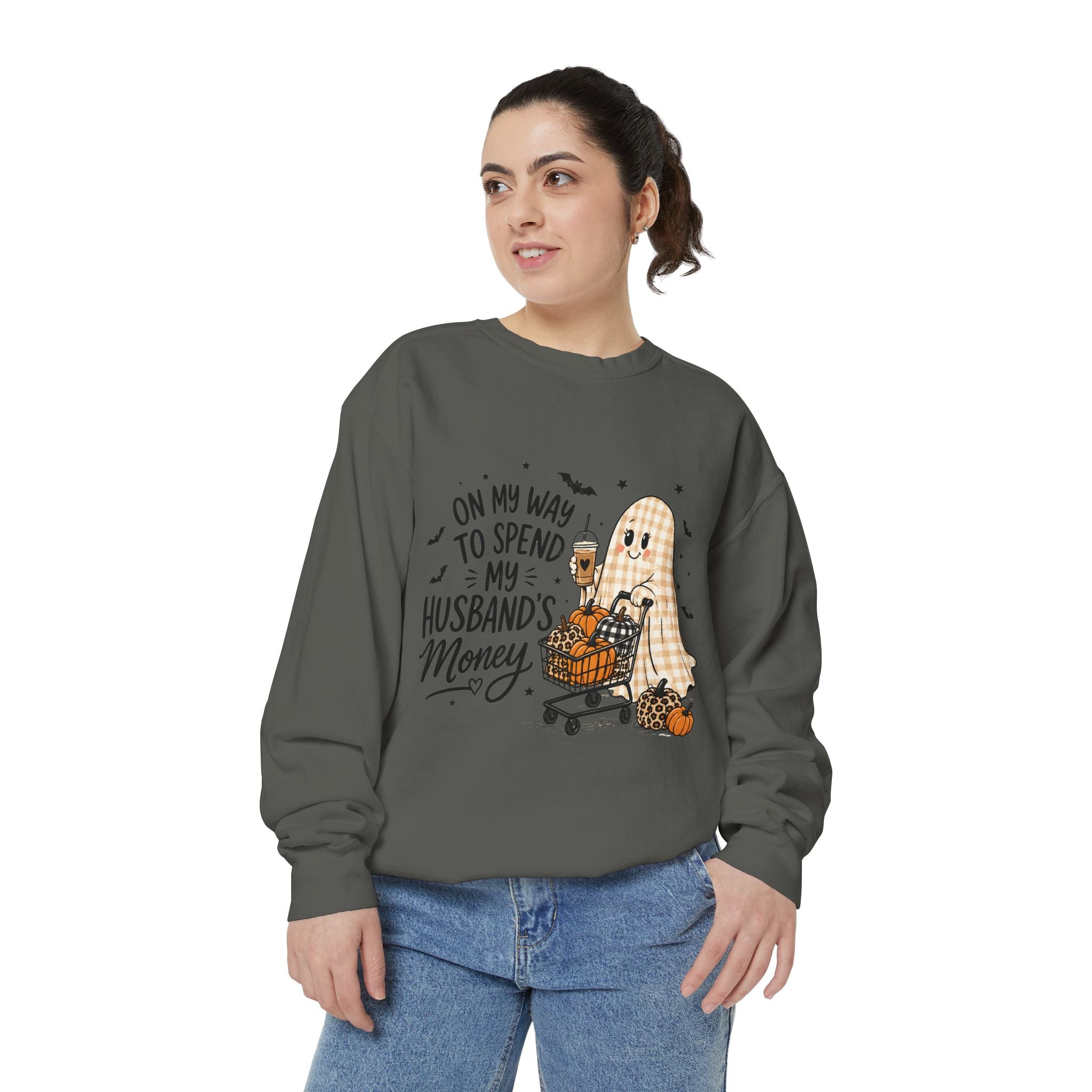 Halloween Ghost Sweatshirt — “On My Way to Spend My Husband’s Money” Cozy Pullover