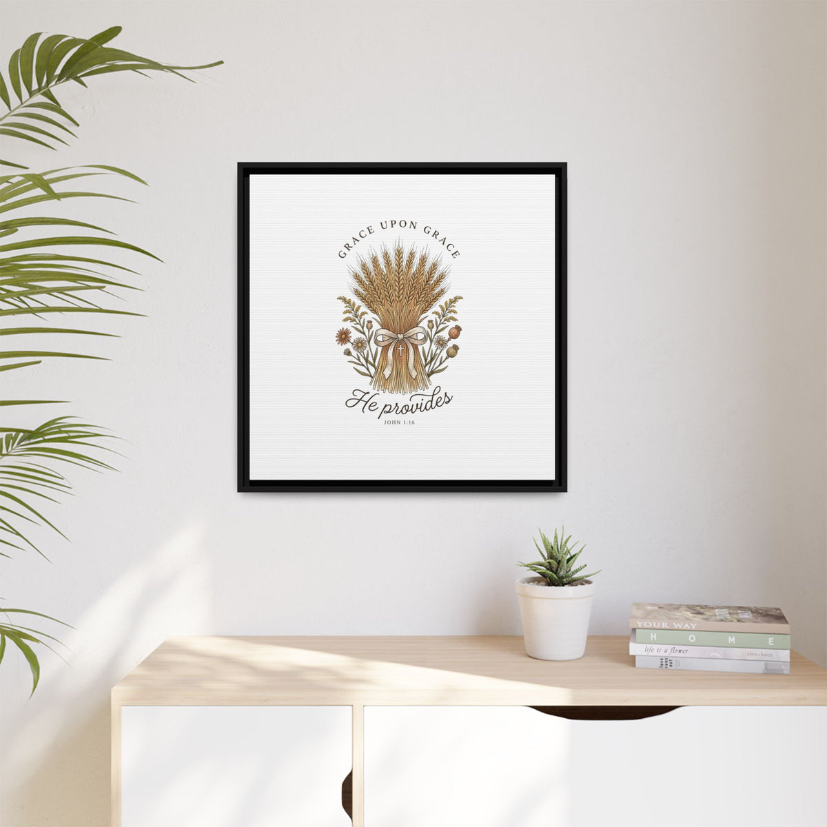 Framed Matte Canvas Wall Art — "He Provides" Wheat & Floral Religious Print
