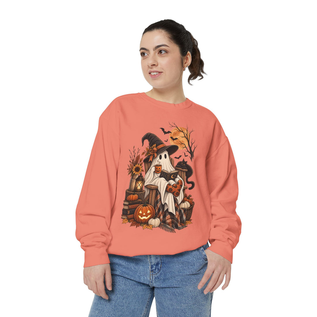 Halloween Ghost Trio Sweatshirt — Spooky Autumn Pumpkin & Witch Hat Design