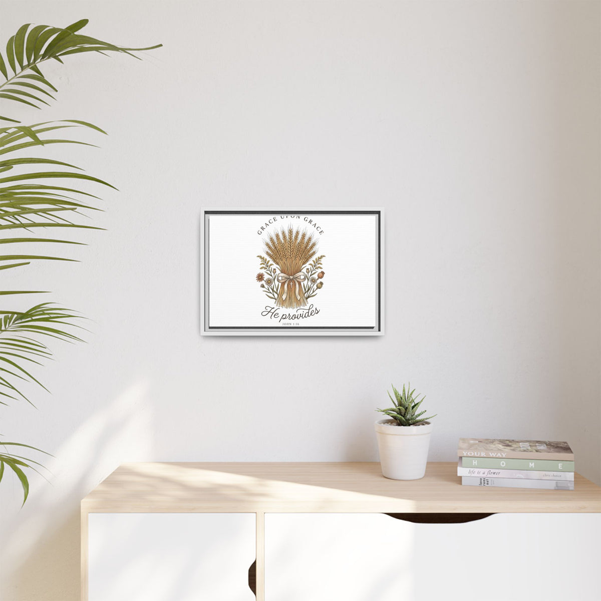 Framed Matte Canvas Wall Art — "He Provides" Wheat & Floral Religious Print