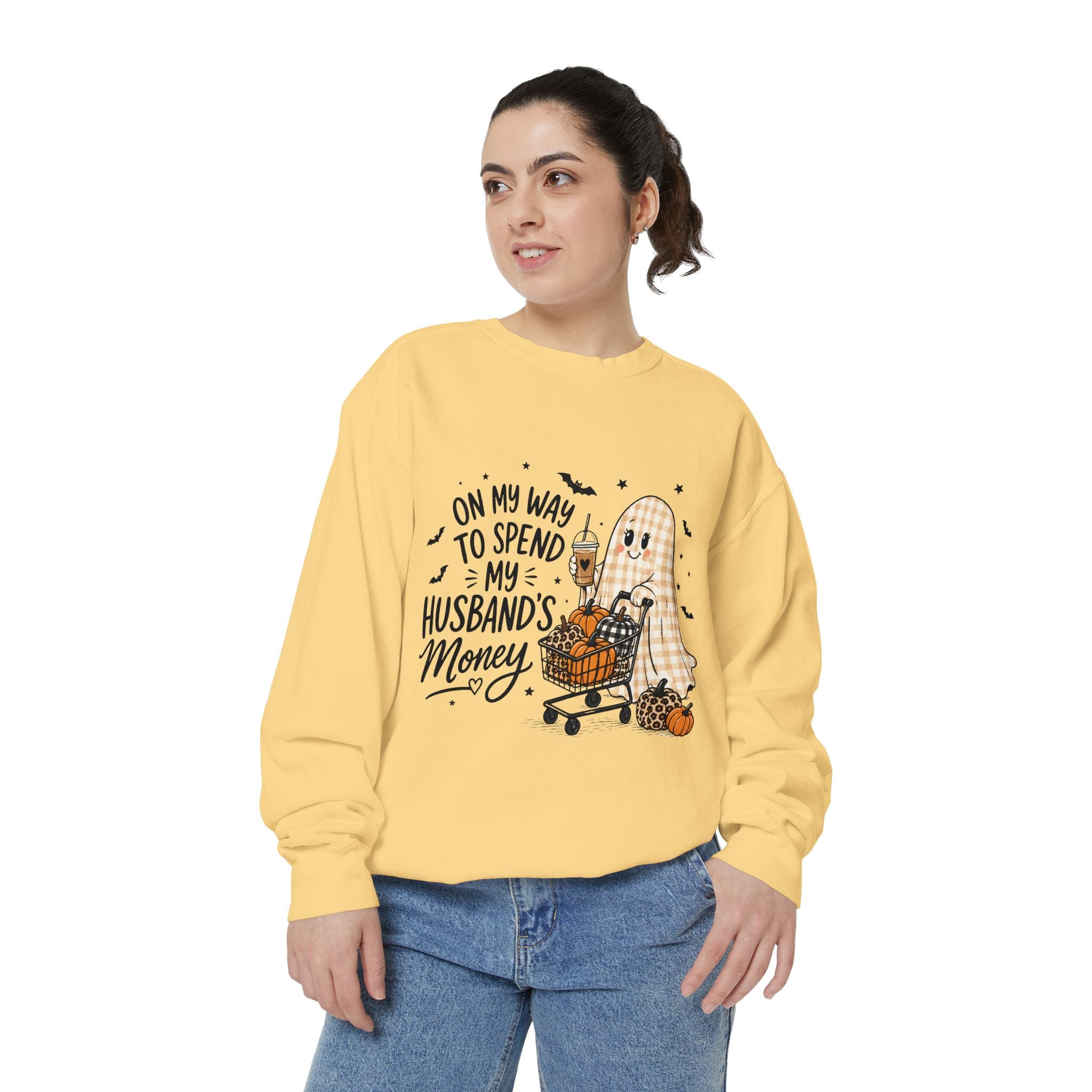 Halloween Ghost Sweatshirt — “On My Way to Spend My Husband’s Money” Cozy Pullover