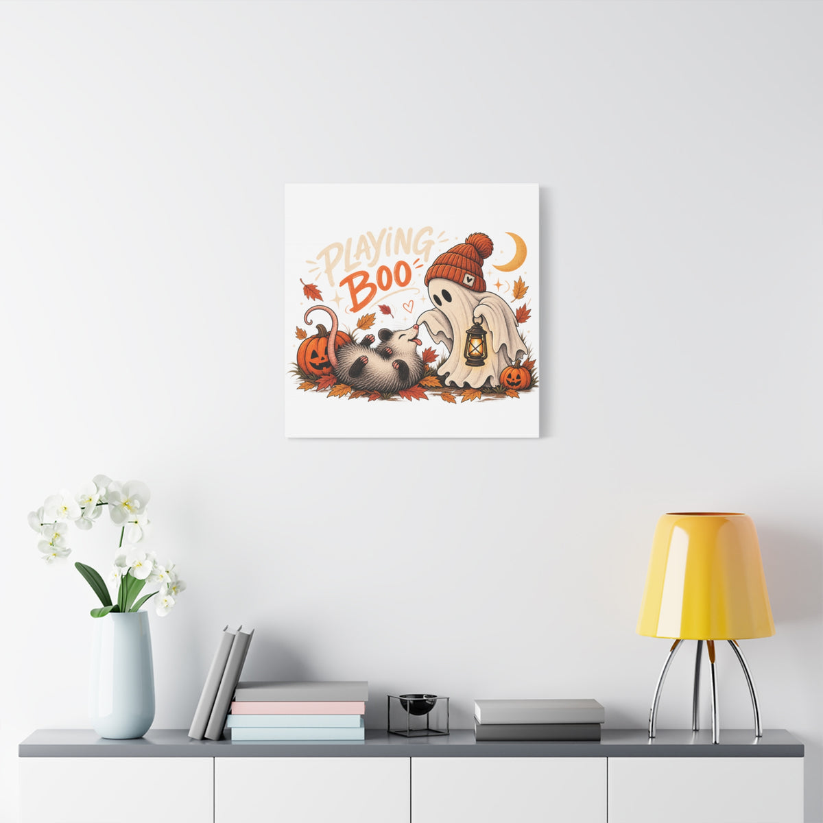 Playing Boo Canvas Wall Art — Cute Halloween Ghost & Possum Matte Stretched Print