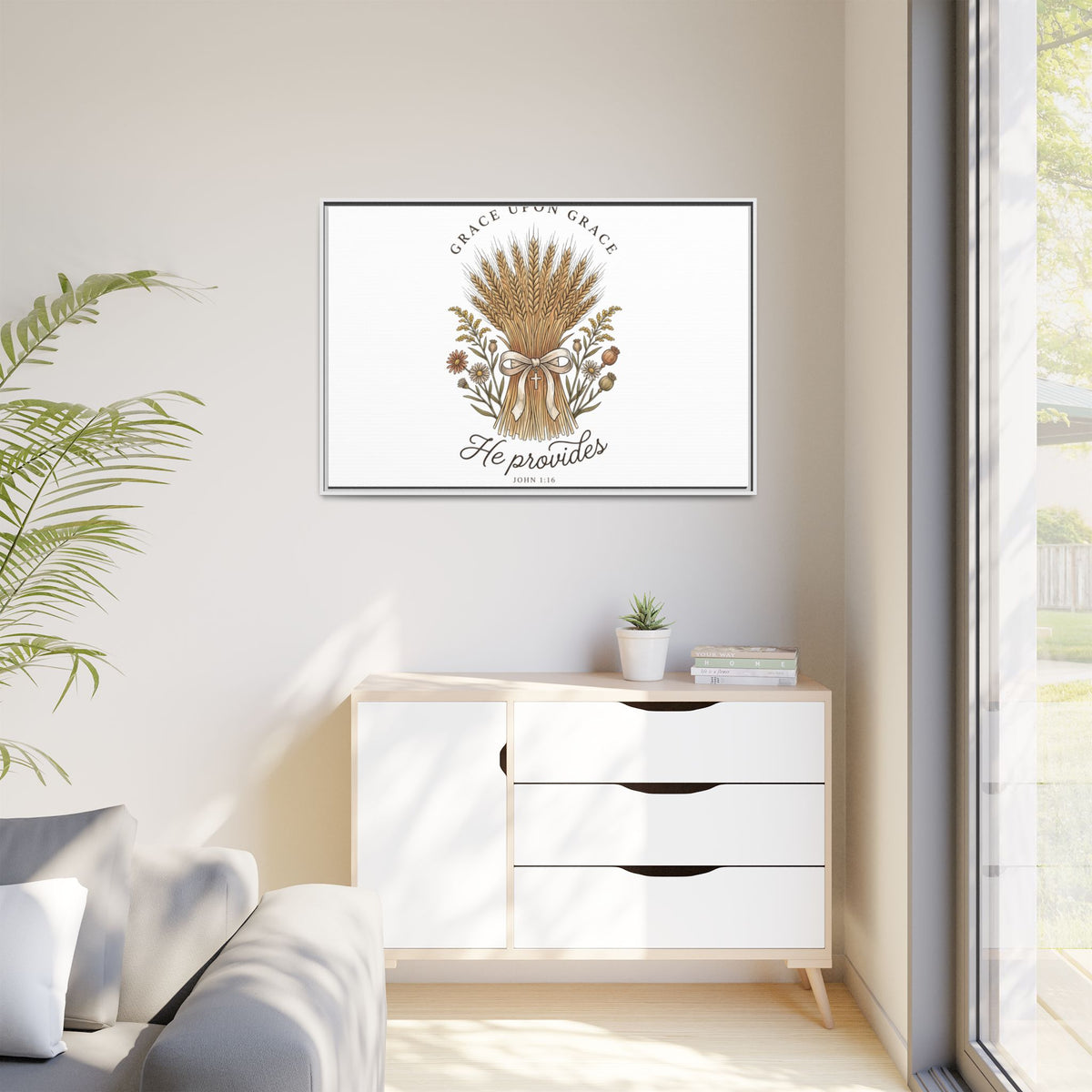 Framed Matte Canvas Wall Art — "He Provides" Wheat & Floral Religious Print