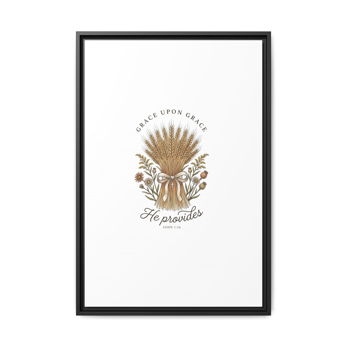 Framed Matte Canvas Wall Art — "He Provides" Wheat & Floral Religious Print