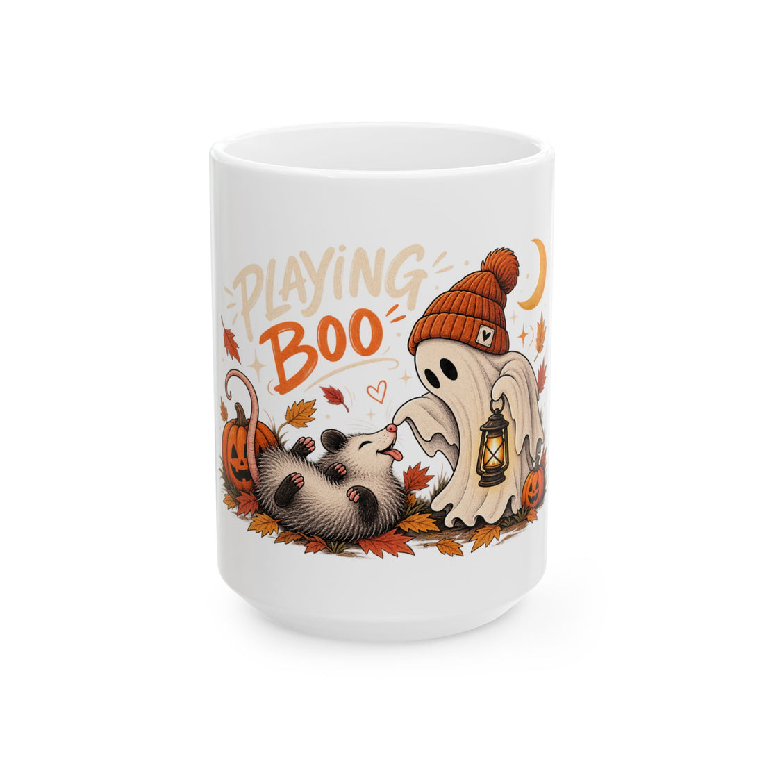 Halloween Ghost & Raccoon Mug - "Playing Boo" Ceramic Coffee Cup (11oz/15oz)