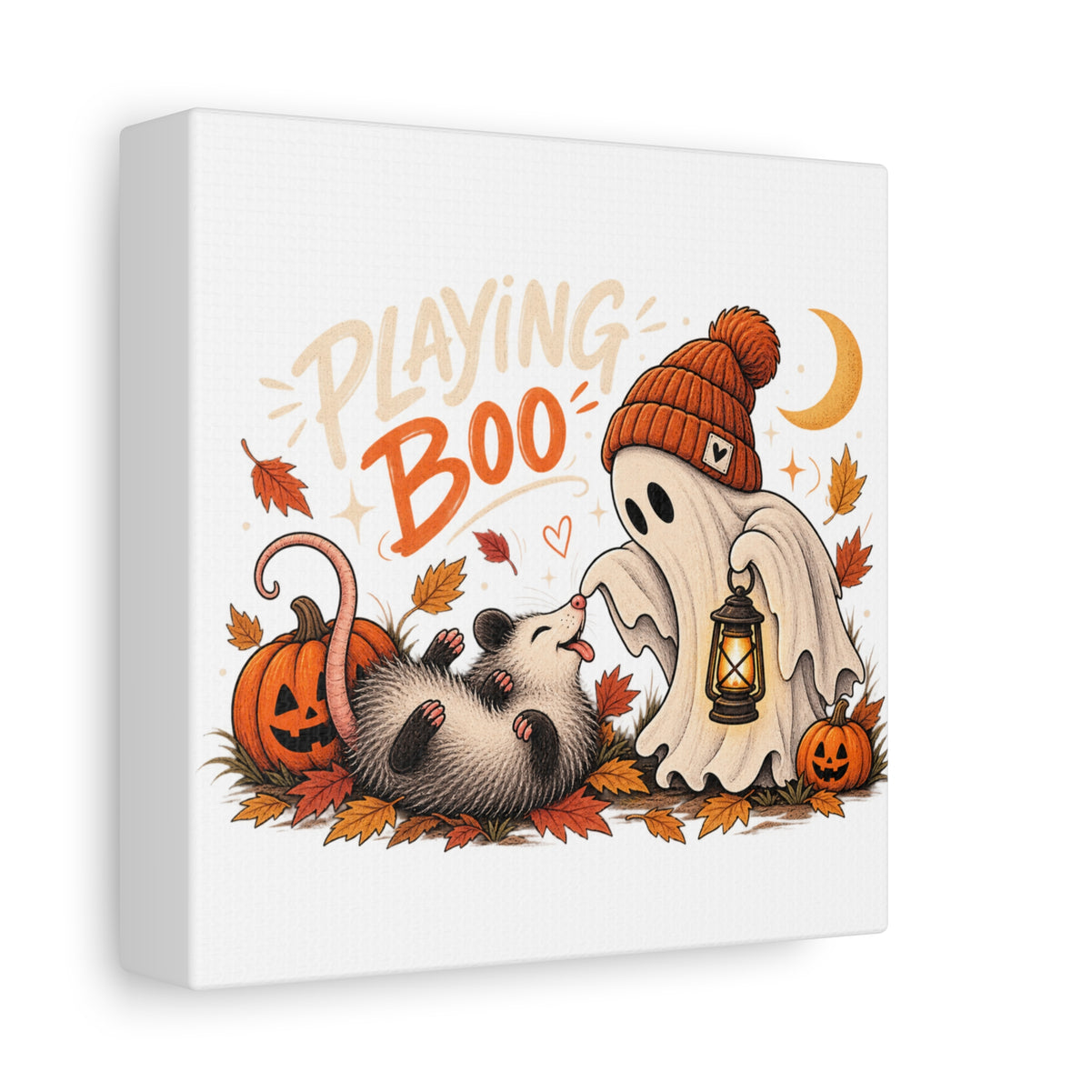 Playing Boo Canvas Wall Art — Cute Halloween Ghost & Possum Matte Stretched Print
