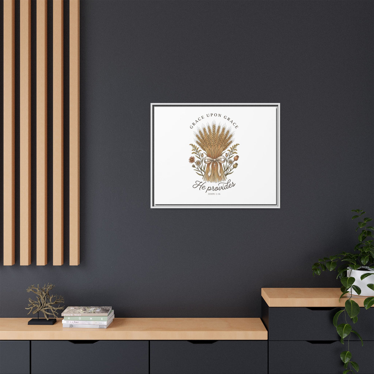 Framed Matte Canvas Wall Art — "He Provides" Wheat & Floral Religious Print